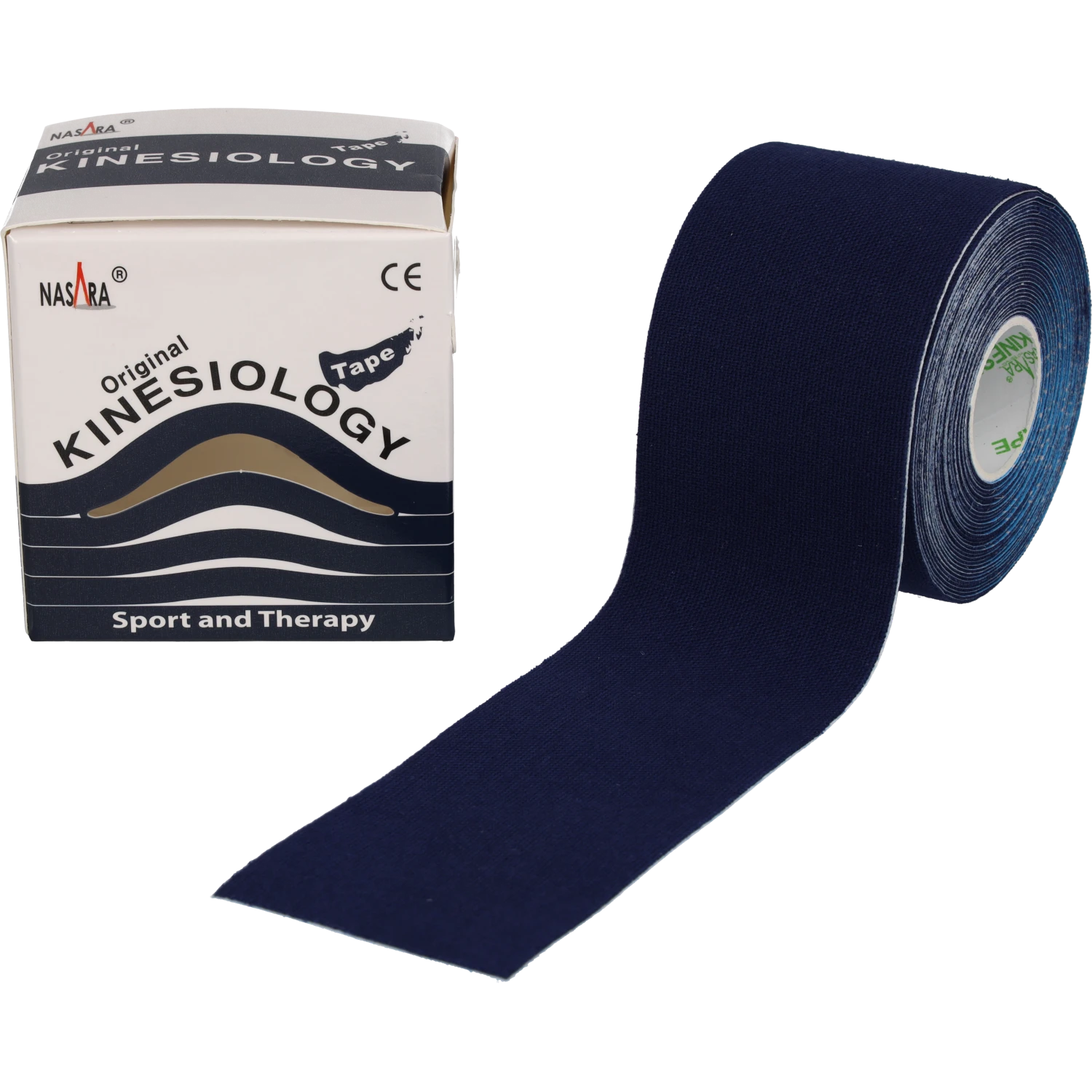 Nasara Kinesiologie Tape 5cm Dunkelblau Rolle abgerollt neben Verpackung