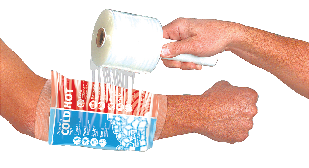 Mueller EZ-Wrap Wickelfolie 10,1cm*304,8m Anwendung auf Arm mit Kalt-/Warmkompresse