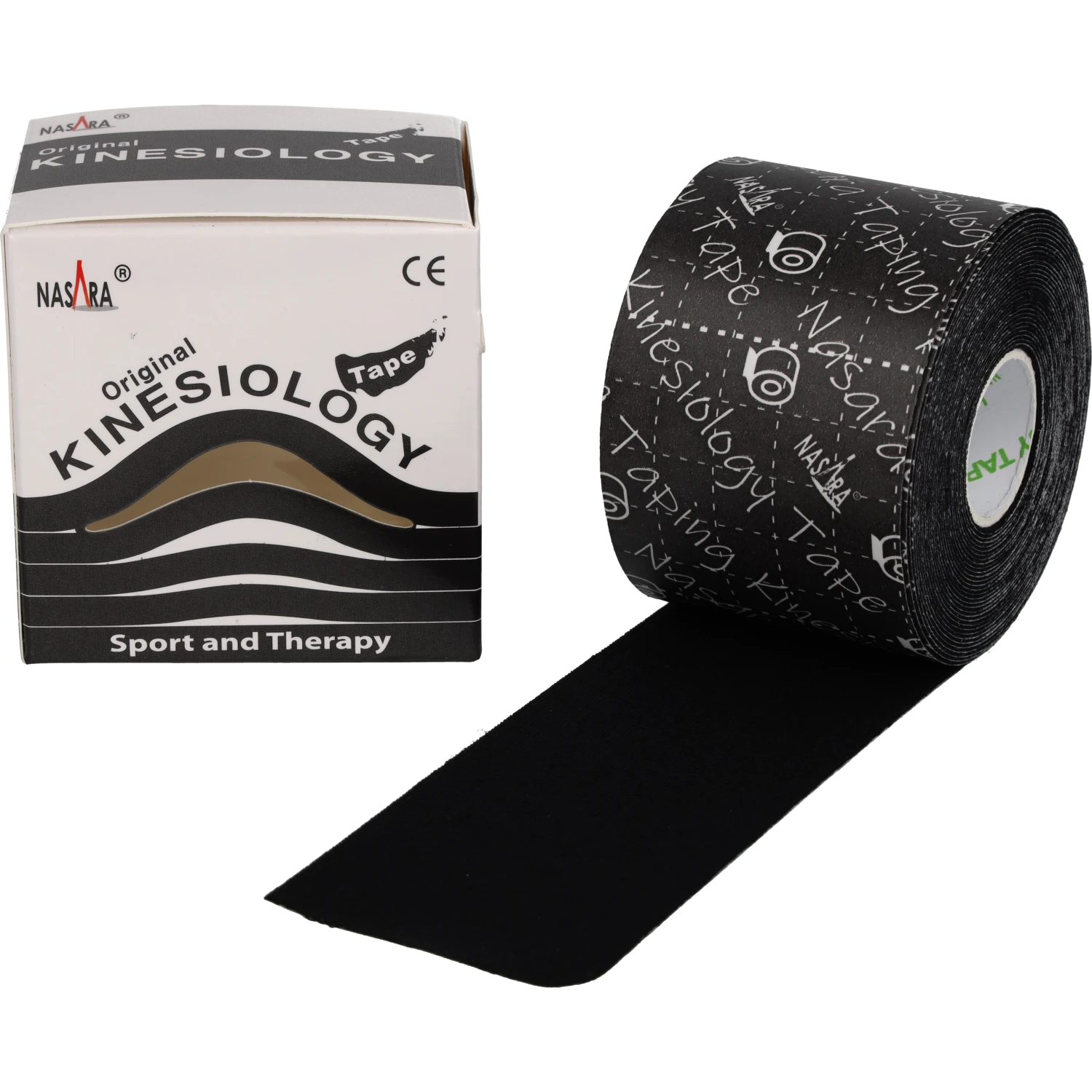 Nasara Kinesiologie Tape 5cm schwarz Einzelrolle abgerollt neben Verpackung