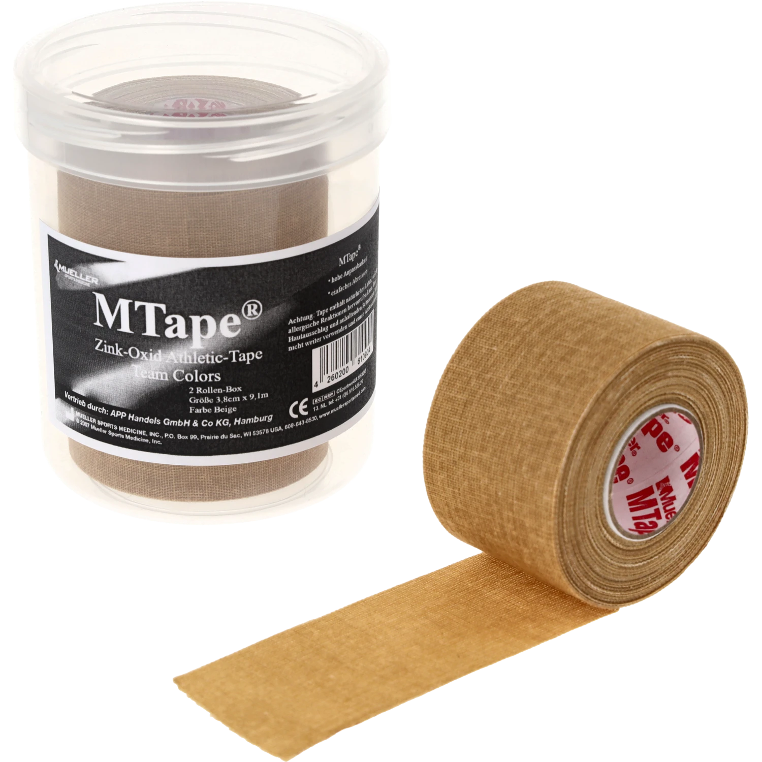 Mueller MTape 2-Rollen-Physio-Dose Beige Einzelrolle abgerollt vor Dose