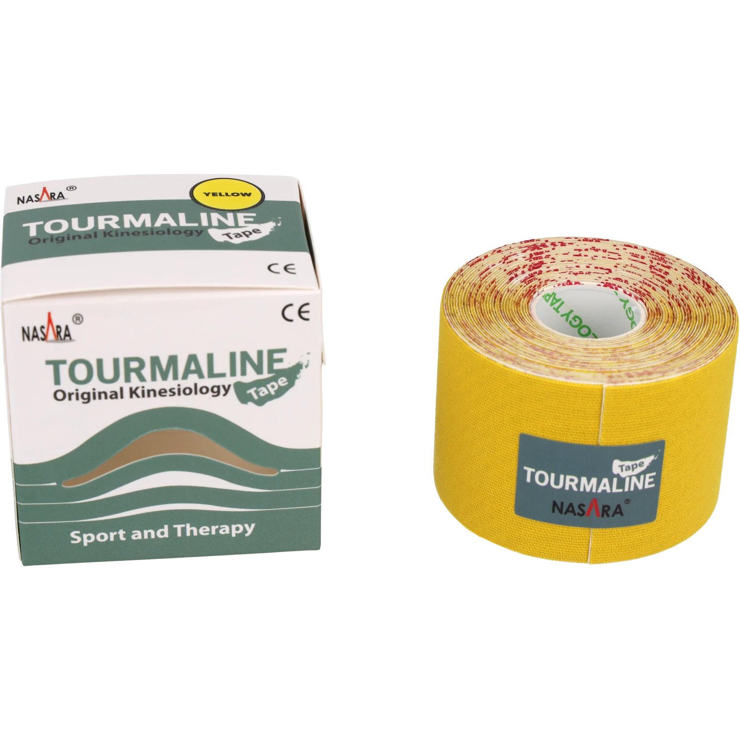 Nasara Tourmalin Kinesiologie Tape Gelb Rolle zusammen neben Verpackung