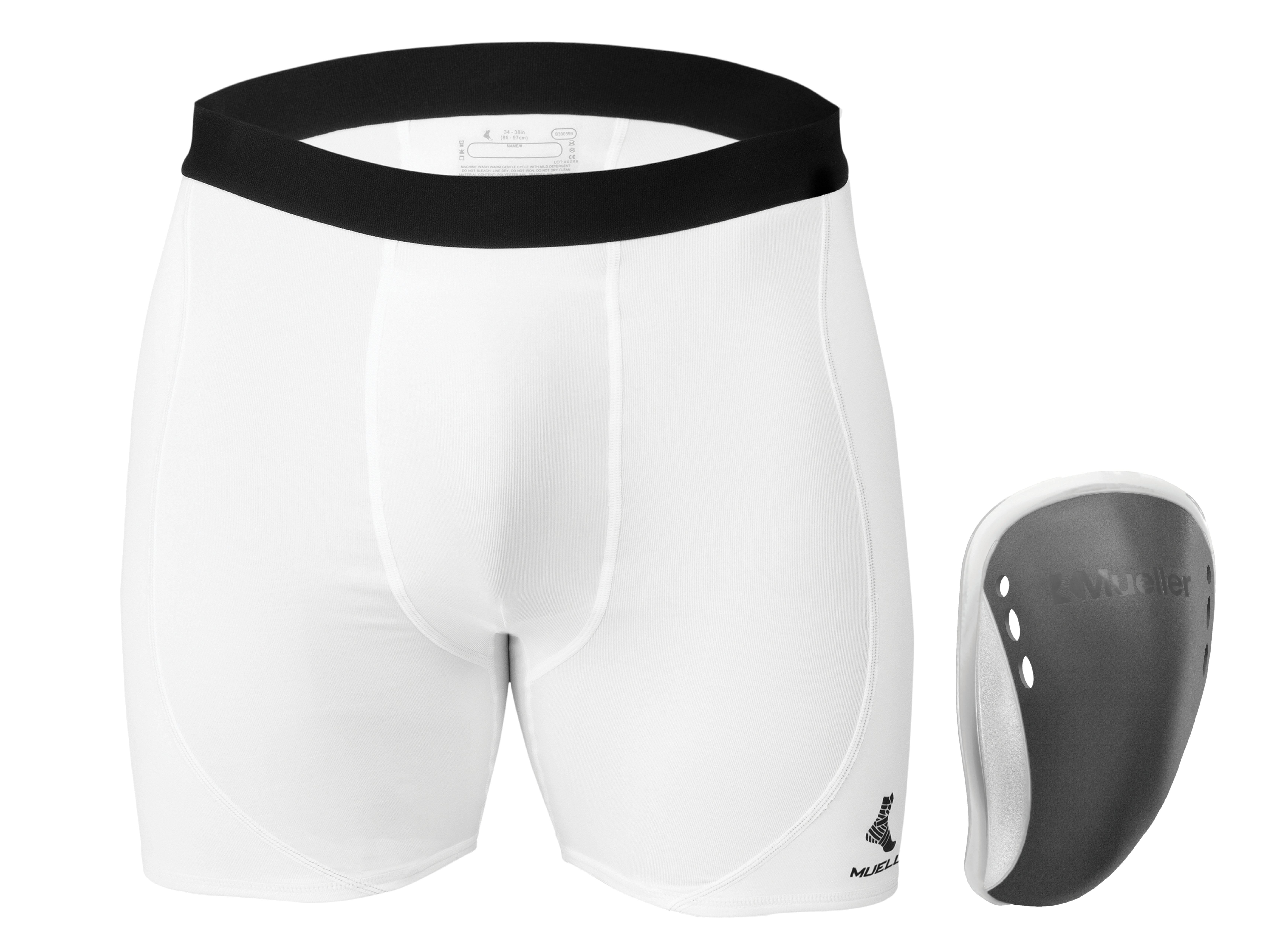 Mueller FlexShield Supporter mit Shorts 5851 grauer Cup neben Hose