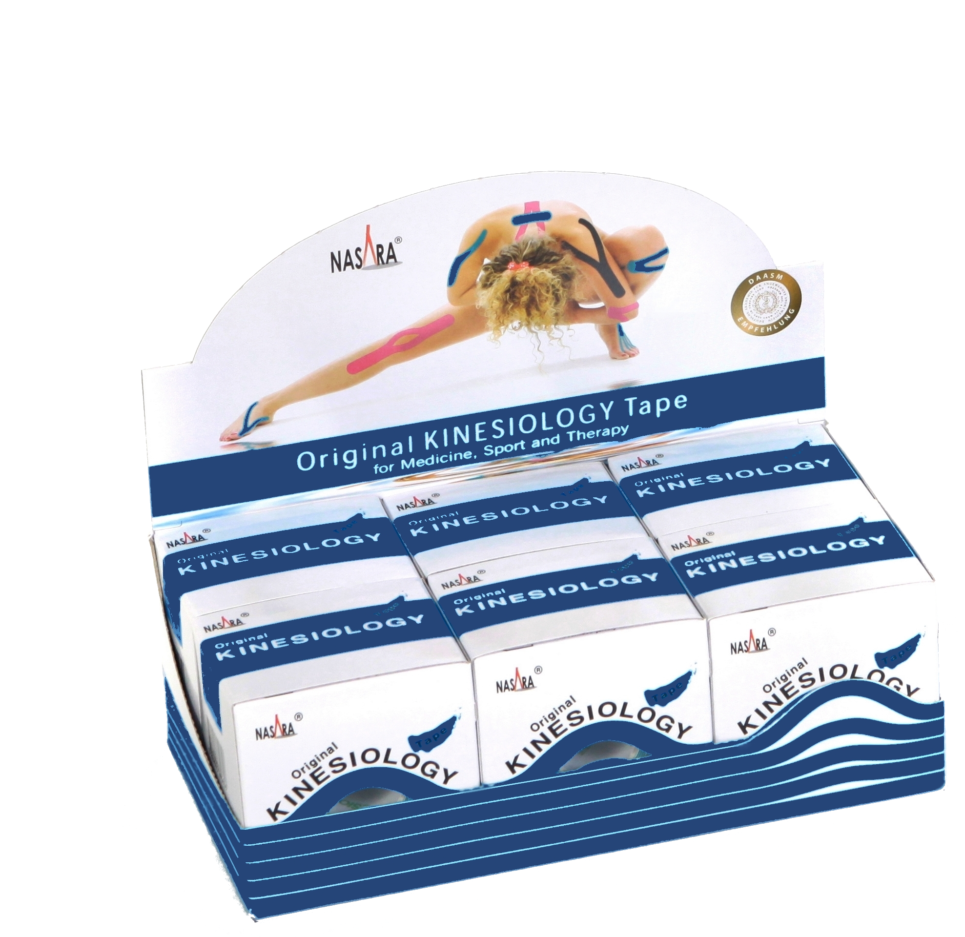 Nasara Kinesiologie Tape 6er Box Dunkelblau offene Displaybox