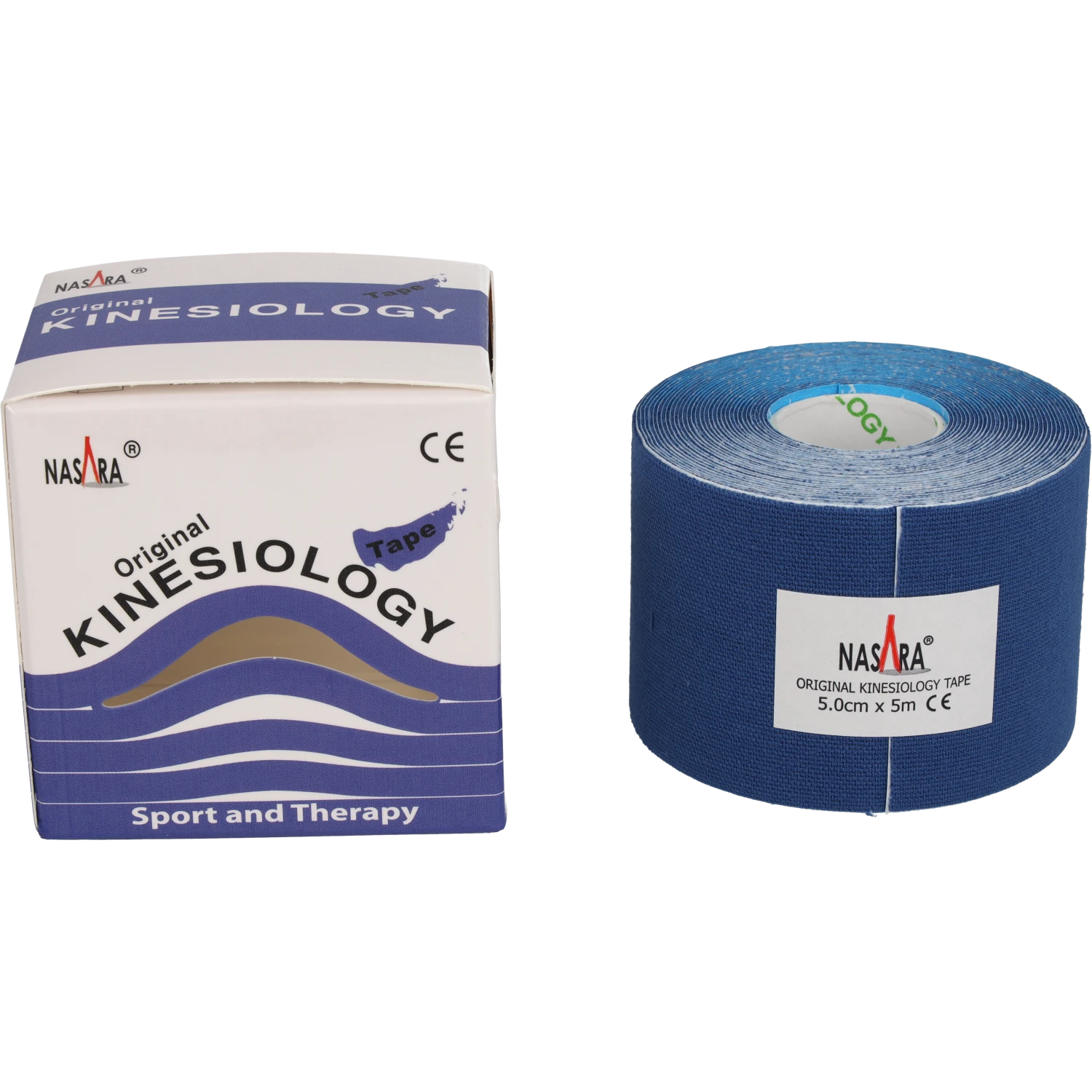 Nasara Kinesiologie Tape 5cm Mittelblau Einzelrolle zusammen neben Verpackung