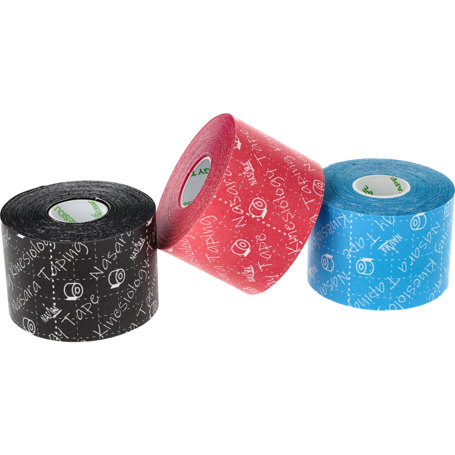 Nasara Kinesiologie Tape 3er-Set Klassik Pink-Türkis-Schwarz nebeneinander