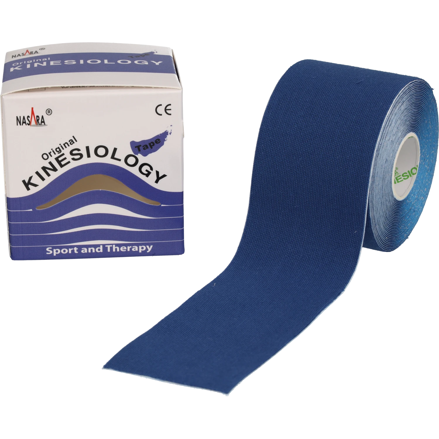 Nasara Kinesiologie Tape 5cm Mittelblau Einzelrolle abgerollt neben Verpackung