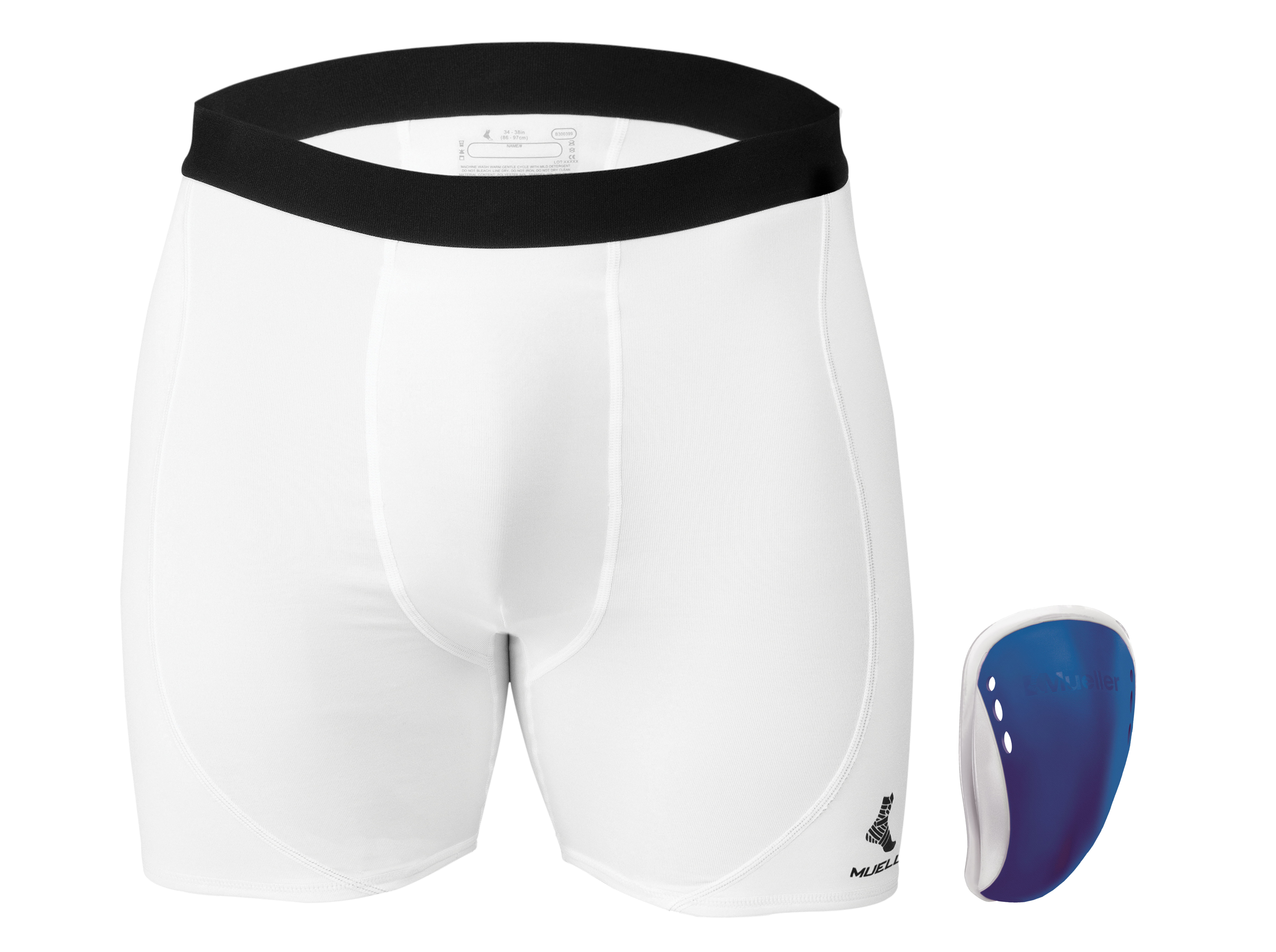 Mueller FlexShield Supporter mit Shorts 5831 blauer Cup neben Hose