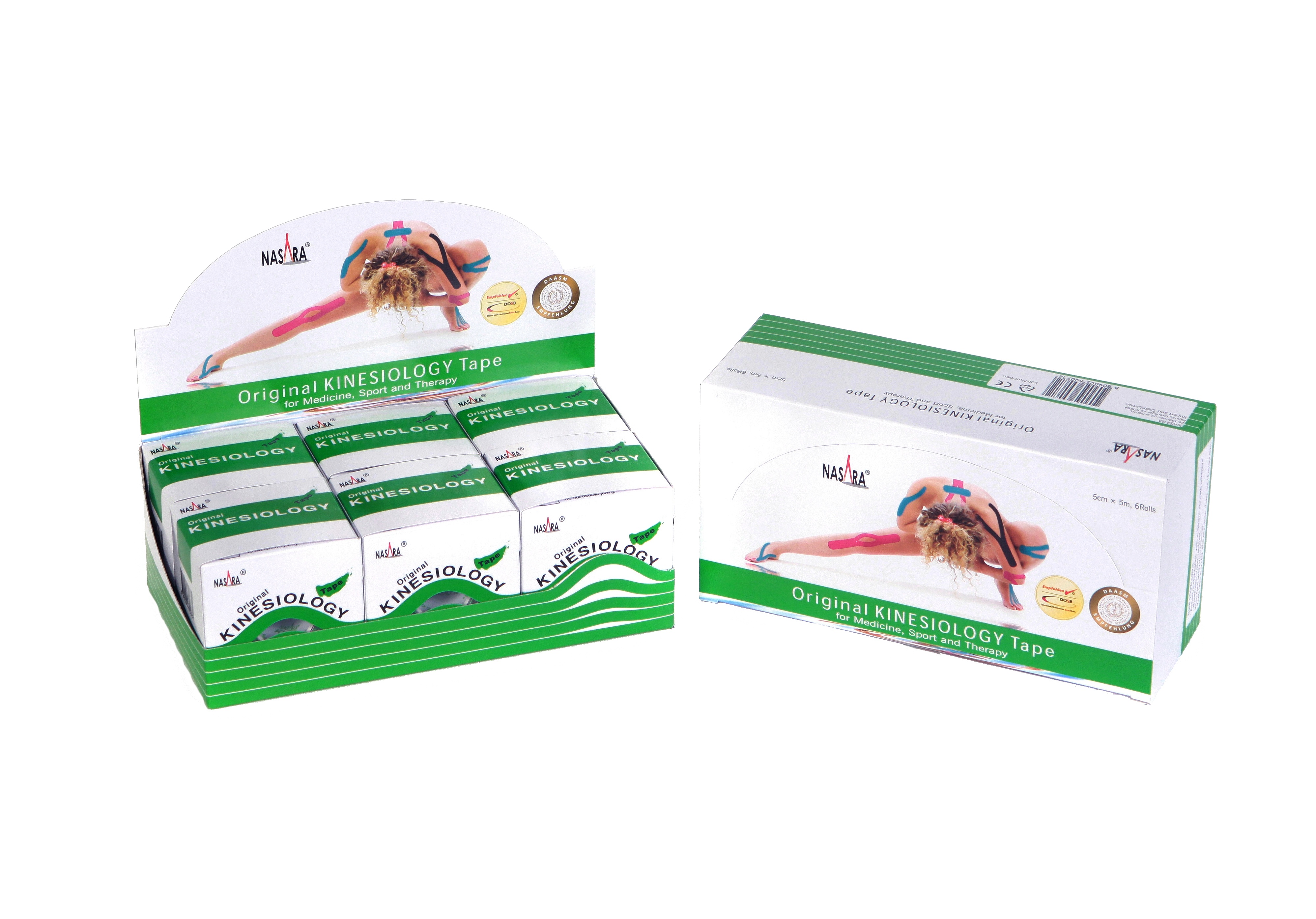 Nasara Kinesiologie Tape 6er Box Grün 2 Displayboxen nebeneinander
