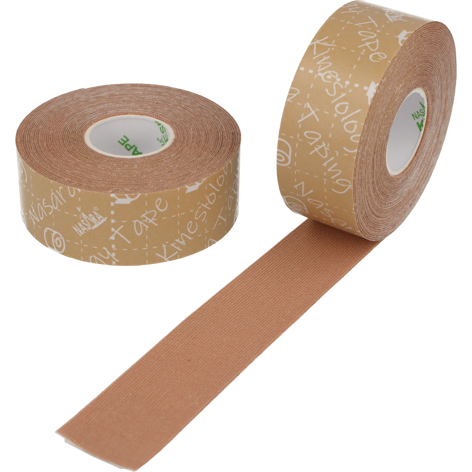 Nasara Kinesiologie Tape 2,5cm Beige zwei Einzelrollen nebeneinander