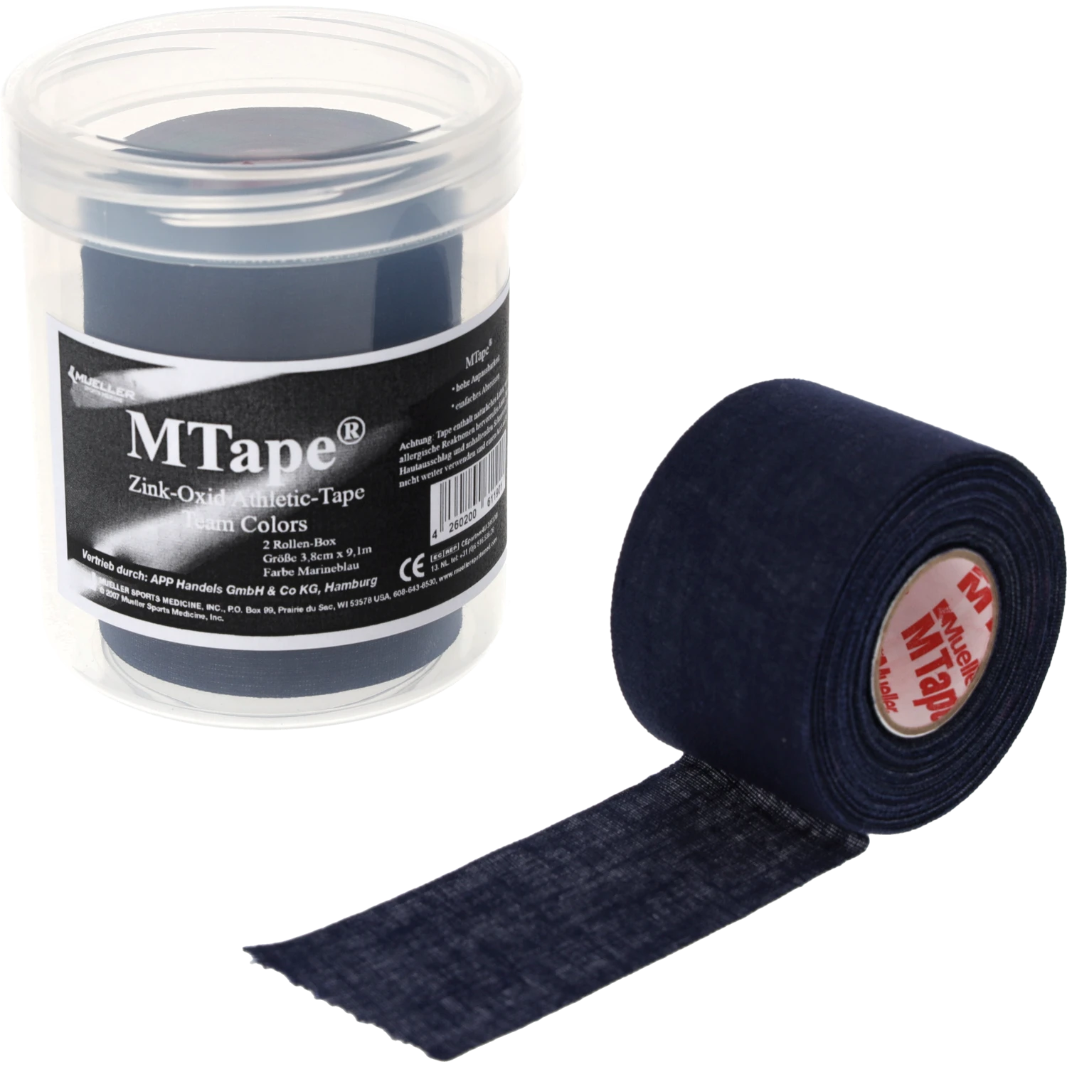 Mueller MTape 2-Rollen-Physio-Dose Marineblau Einzelrolle abgerollt vor Dose