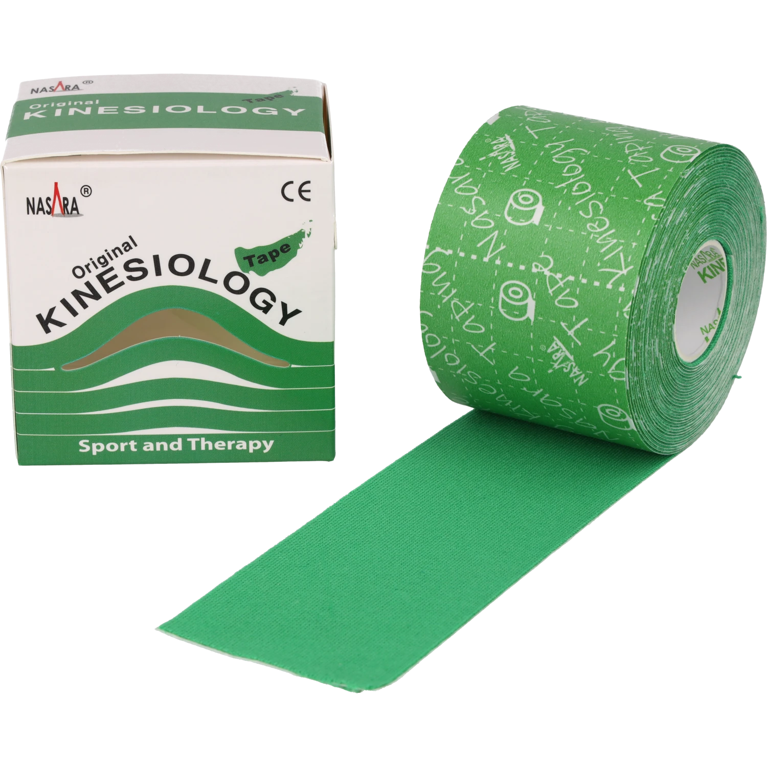 Nasara Kinesiologie Tape 5cm Grün Einzelrolle abgerollt neben Verpackung
