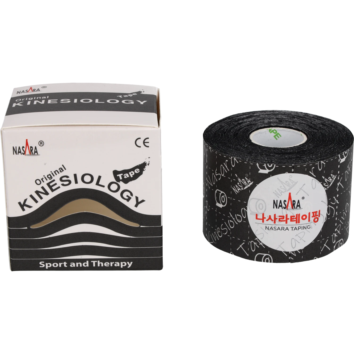 Nasara Kinesiologie Tape 5cm Schwarz Einzelrolle zusammen neben Verpackung