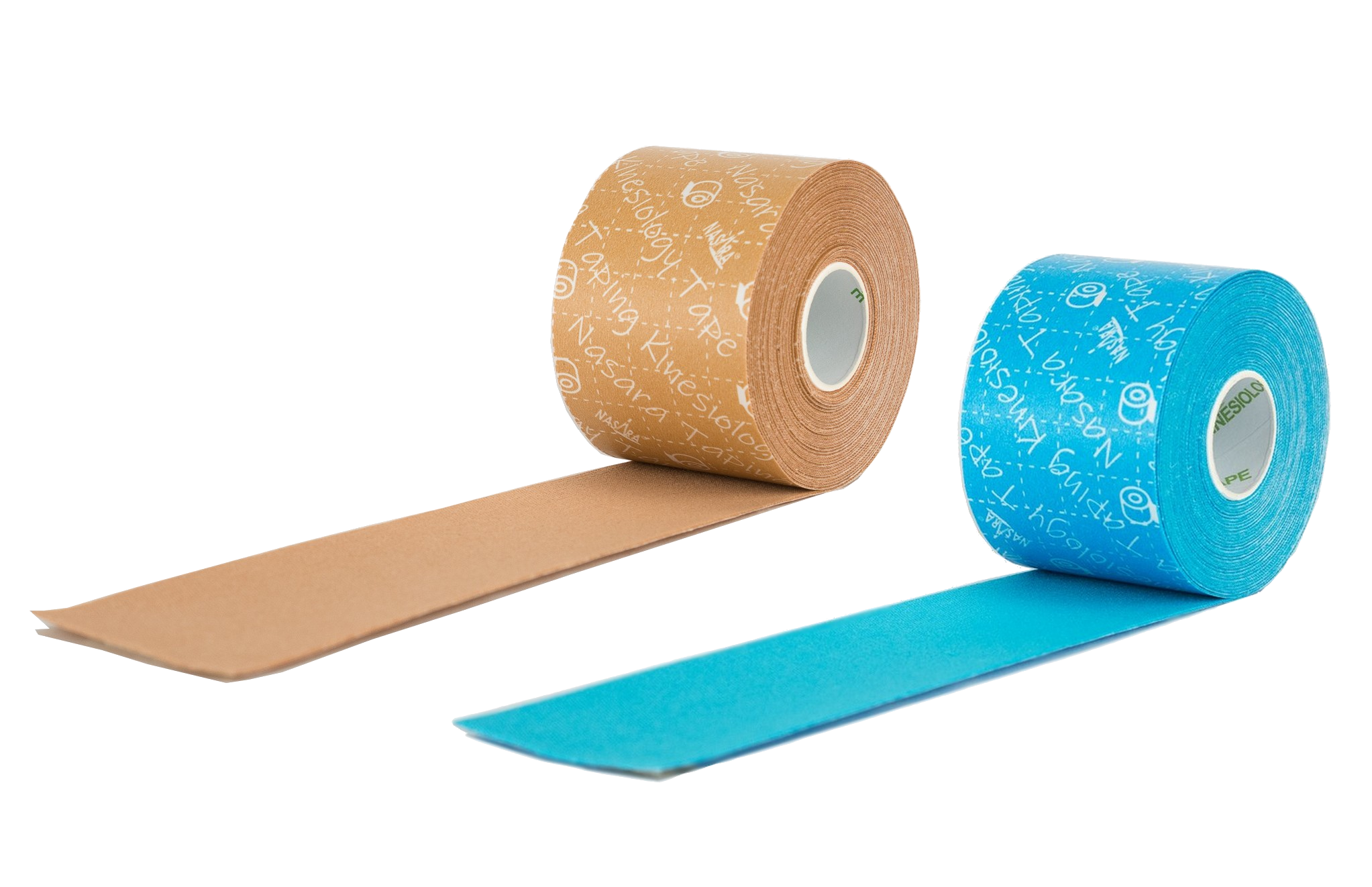 Nasara Kinesiologie Tape 2er-Set Türkis-Beige abgerollt nebeneinander