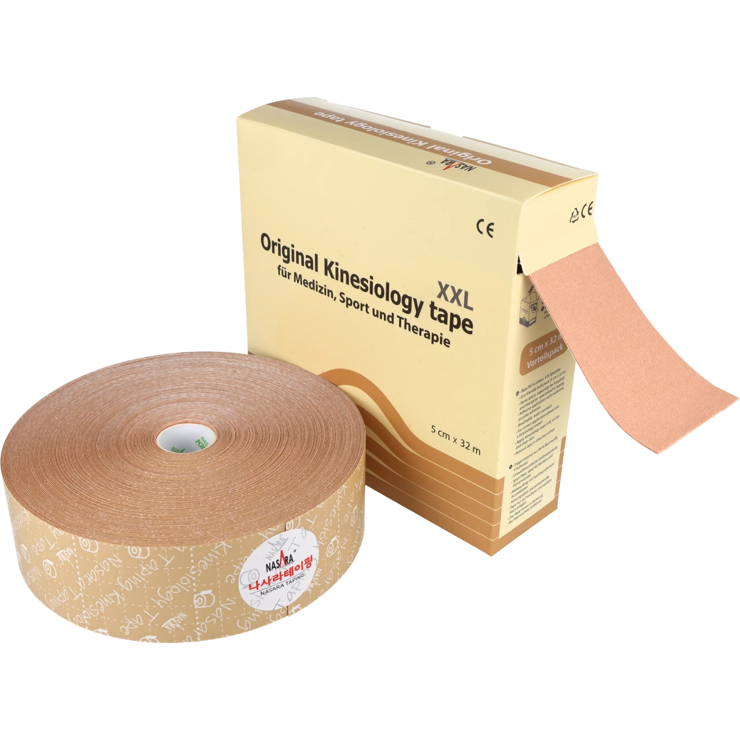 Nasara Kinesiologie Tape 32m Beige ausgepackte Rolle neben Verpackung Nasara Kinesiologie Tape 32m Beige ausgepackte Rolle neben Verpackung