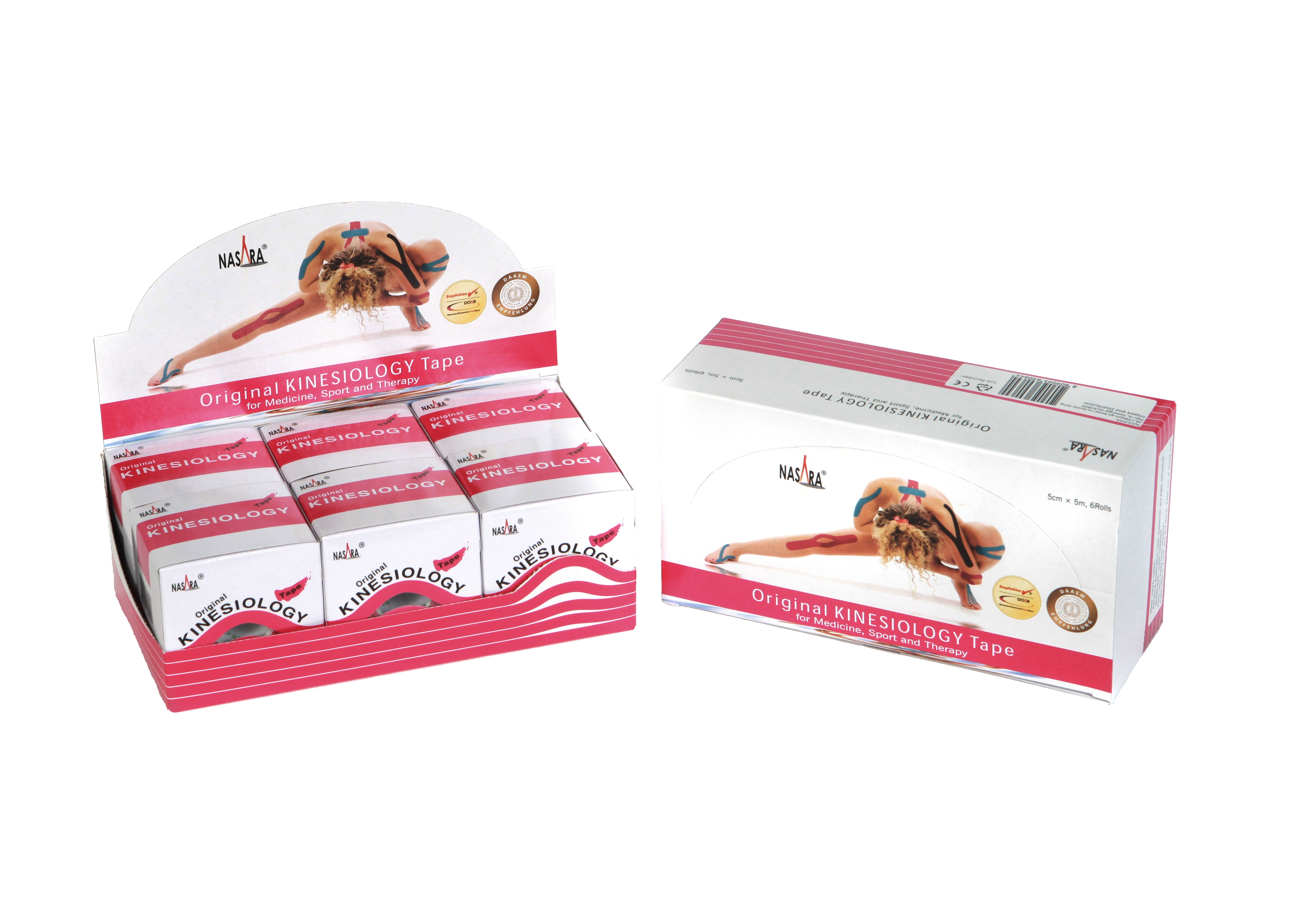 Nasra Kinesiologie Tape 6er Box Pink 2 Displayboxen nebeneinander
