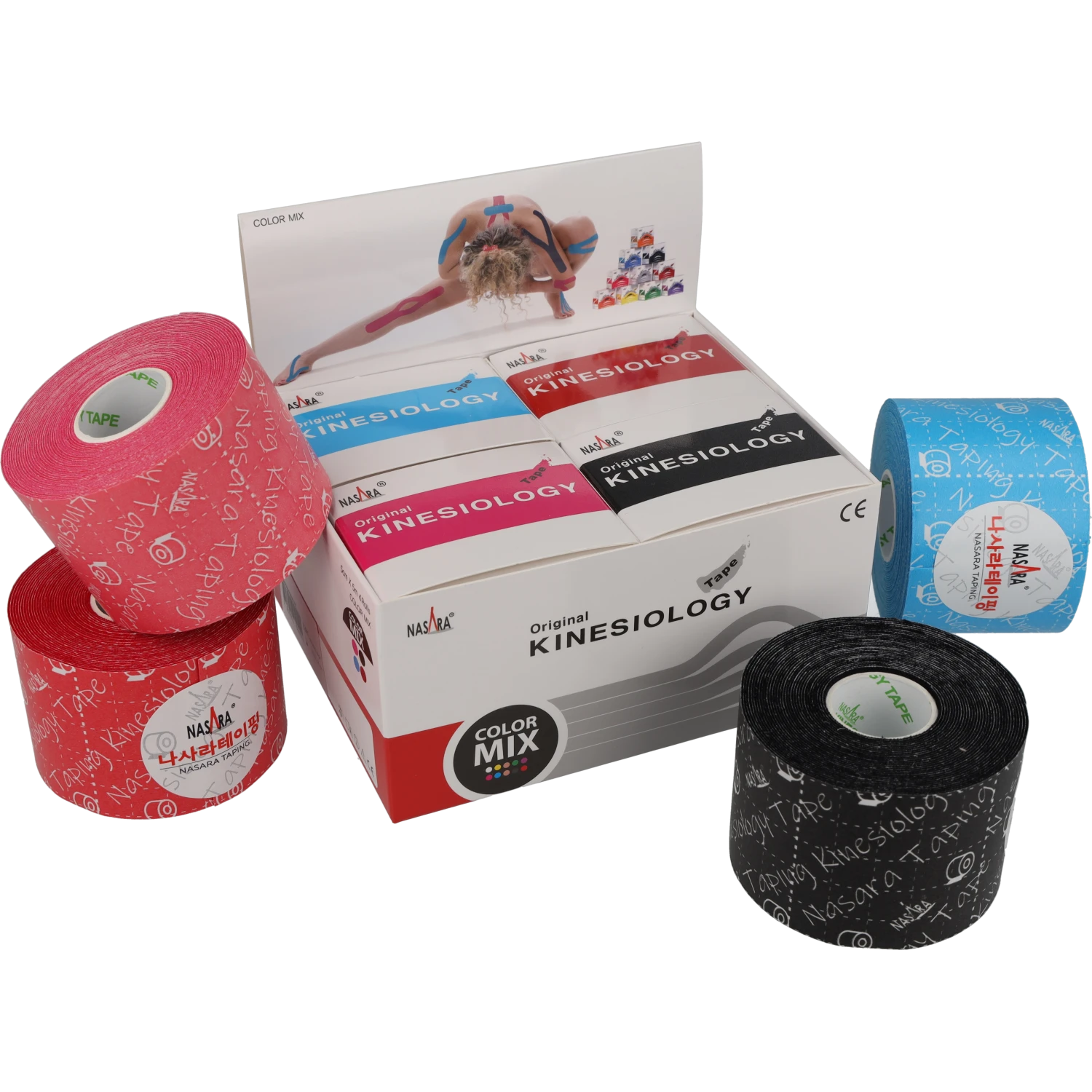 Nasara Kinesiologie Tape 4er Teampack Rollenm neben der Verpackung chaotisch
