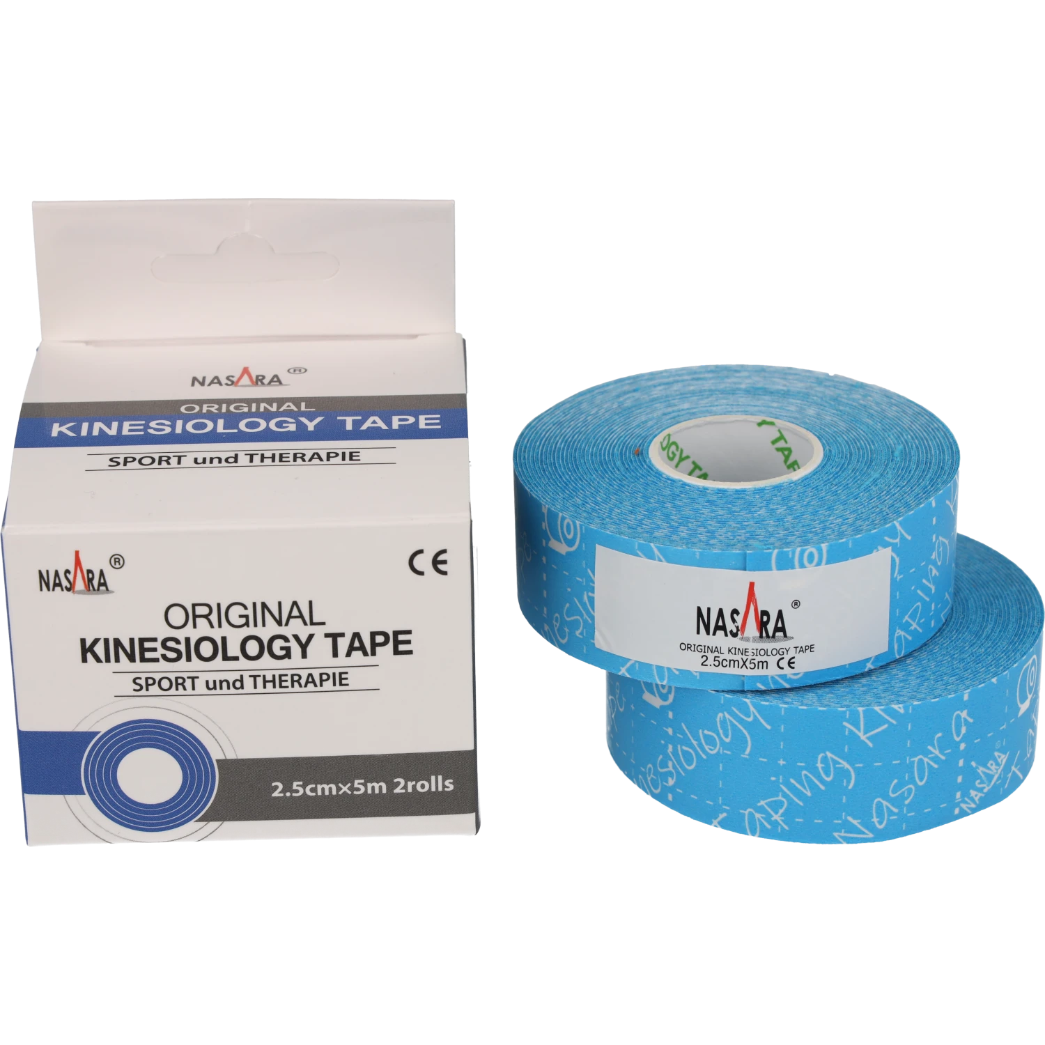 Nasara Kinesiologie Tape 2,5cm Türkis zwei Einzelrollen aufeinander neben Verpackung