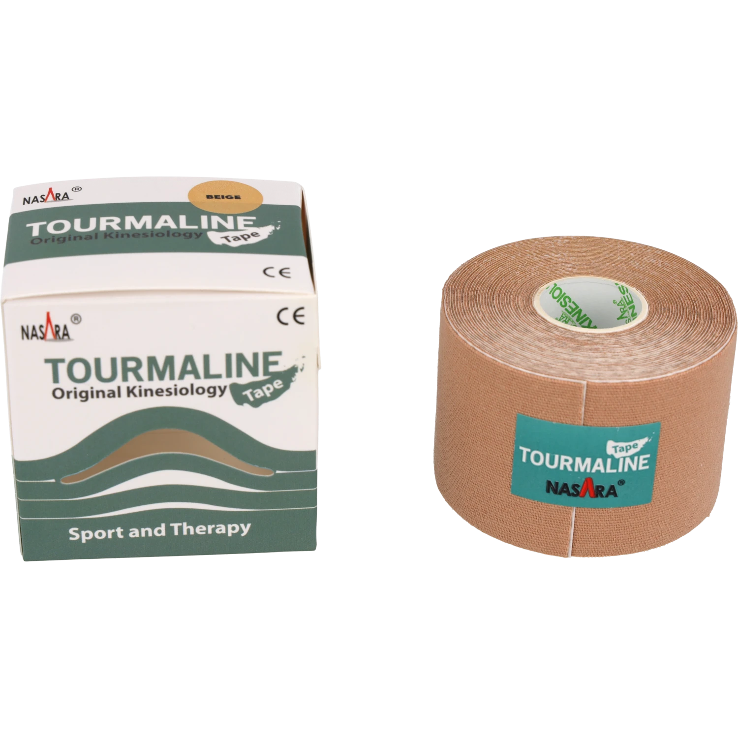 Nasara Tourmalin Kinesiologie Tape Beige Rolle zusammen neben Verpackung