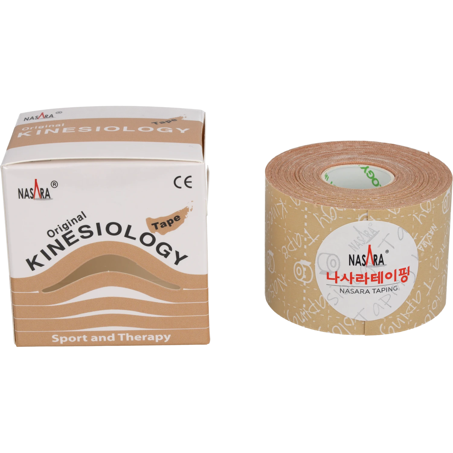 Nasara Kinesiologie Tape 5cm Beige Einzelrolle zusammen neben Verpackung