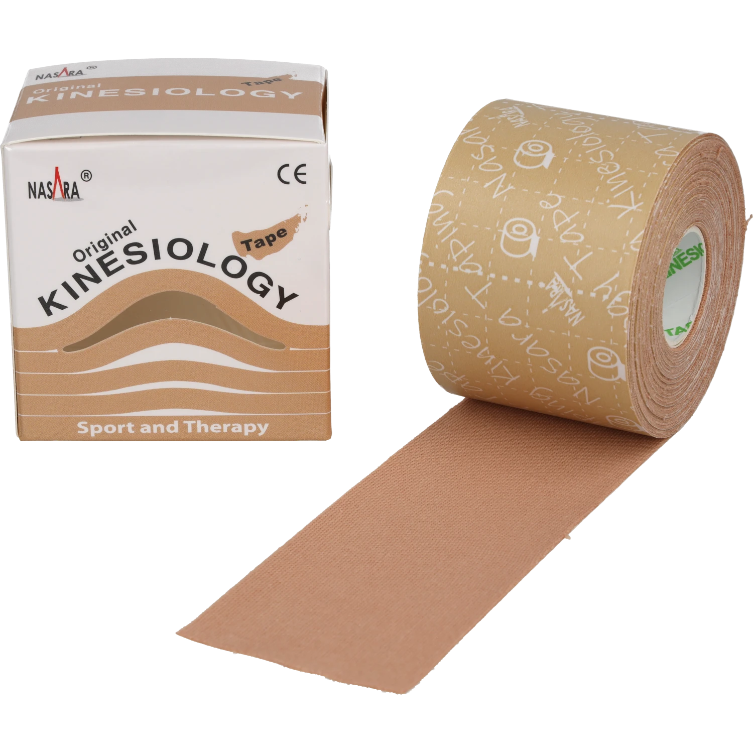 Nasara Kinesiologie Tape 5cm Beige ausgerollte Einzelrolle neben Verpackung
