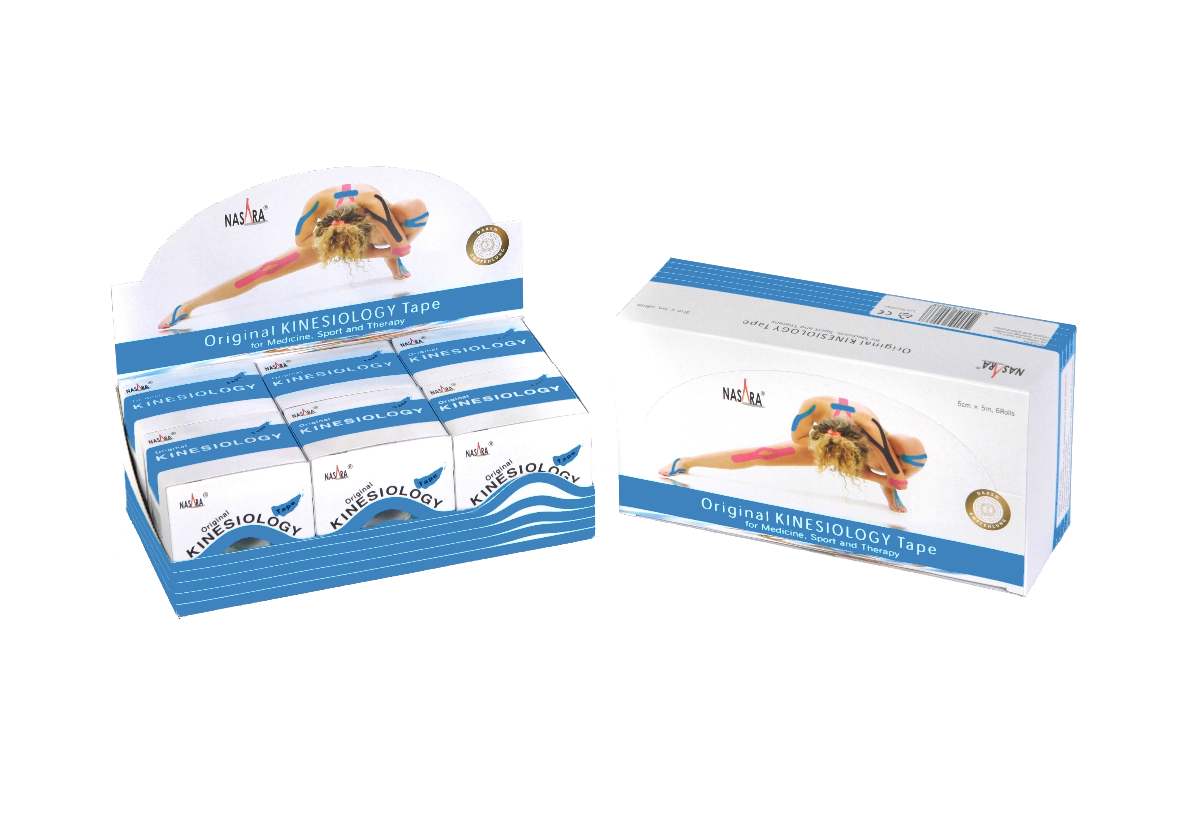Nasara Kinesiologie Tape 6er Box Mittelblau 2 Displayboxen nebeneinander