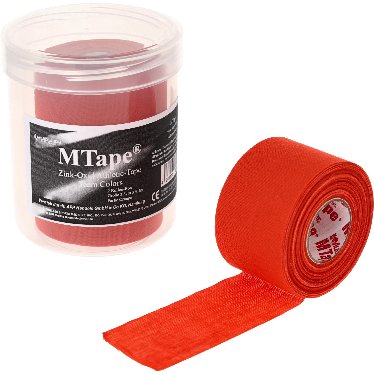 Mueller MTape 2-Rollen-Physio-Dose Orange Einzelrolle abgerollt vor Dose