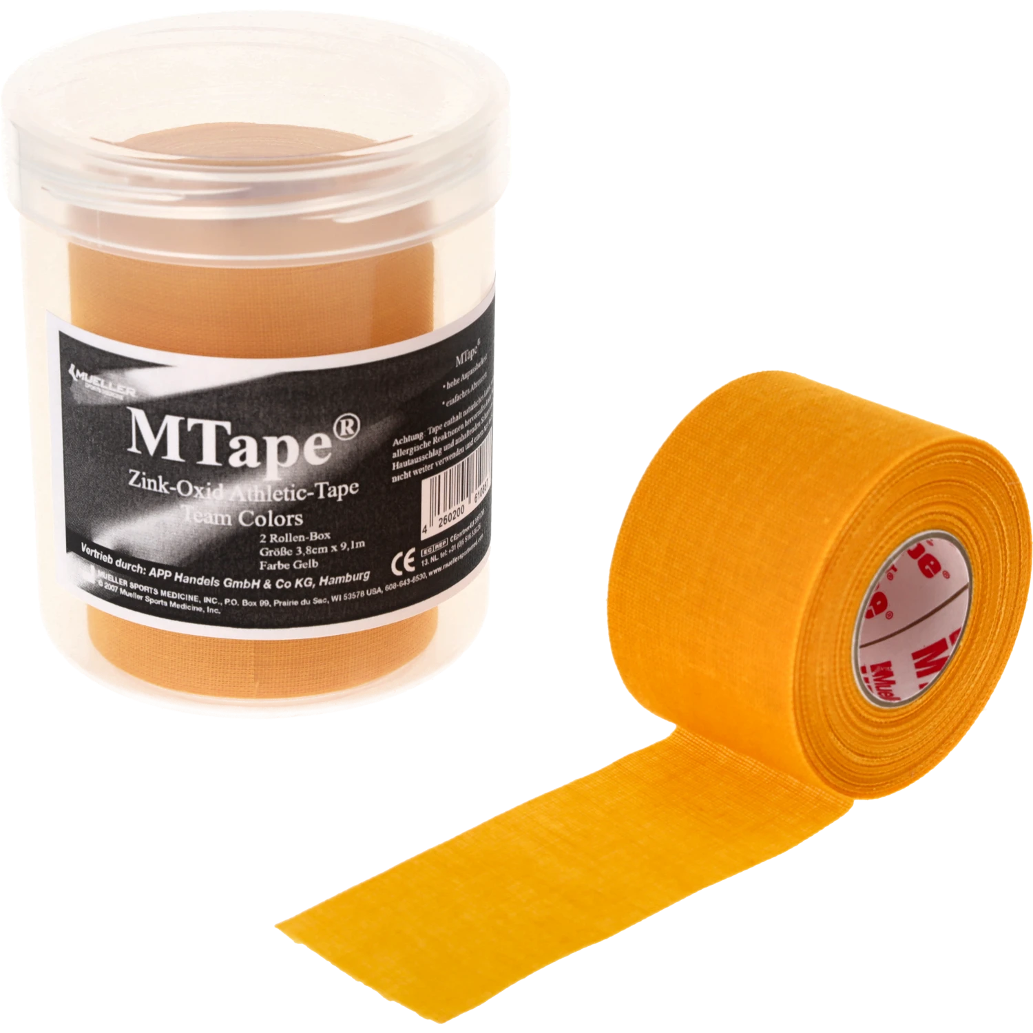 Mueller MTape 2-Rollen-Physio-Dose Gelb Einzelrolle abgerollt vor Dose