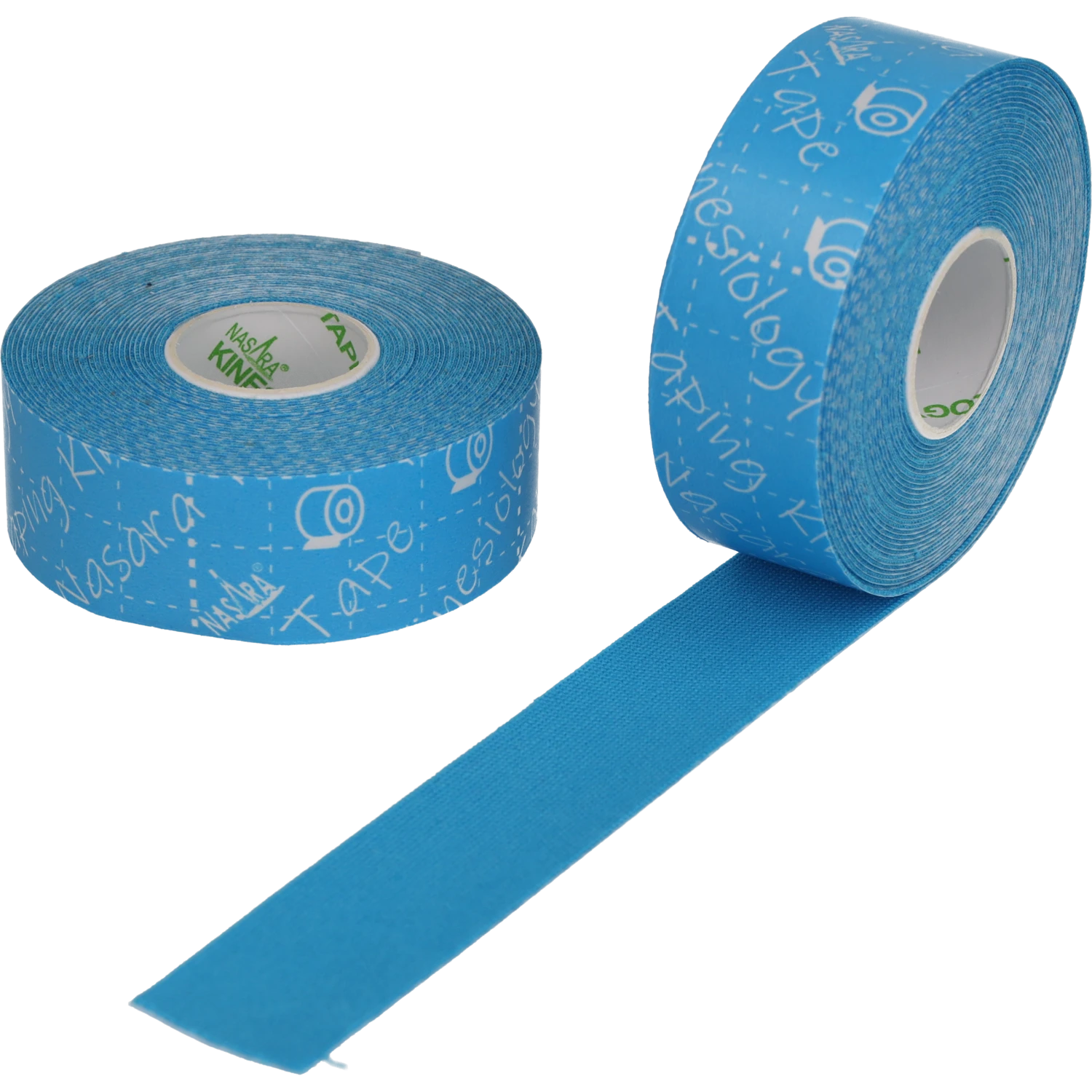 Nasara Kinesiologie Tape 2,5cm Türkis zwei Einzelrollen nebeneinander