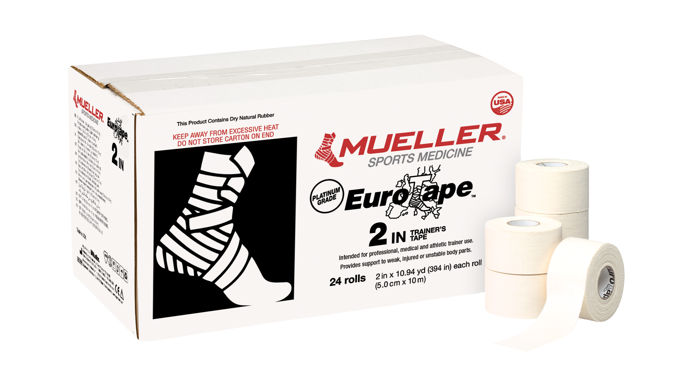 Mueller EuroTape Platinum Grade 5cm Verpackungseinheit mit Einzelrollen im Vordergrund