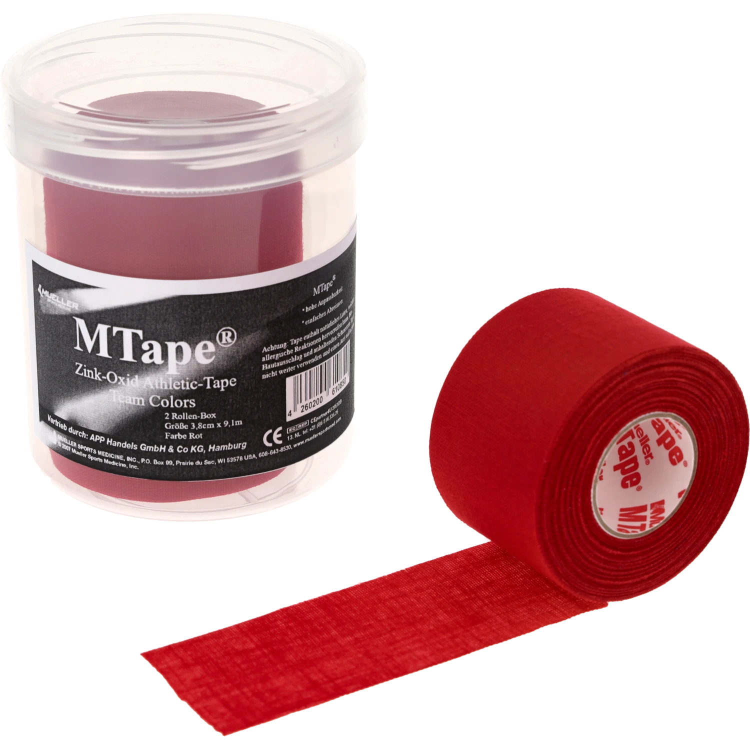 Mueller MTape 2-Rollen-Physio-Dose Rot Einzelrolle abgerollt vor Dose