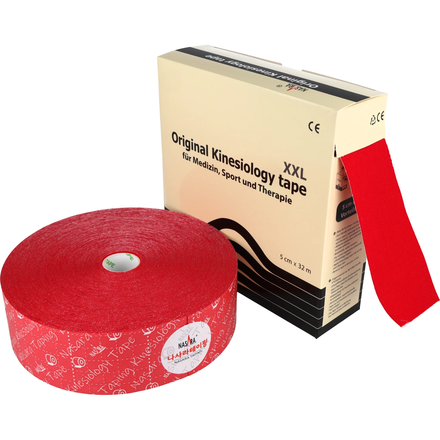 Nasara Kinesiologie Tape 32m Rot ausgepackte Rolle neben Verpackung