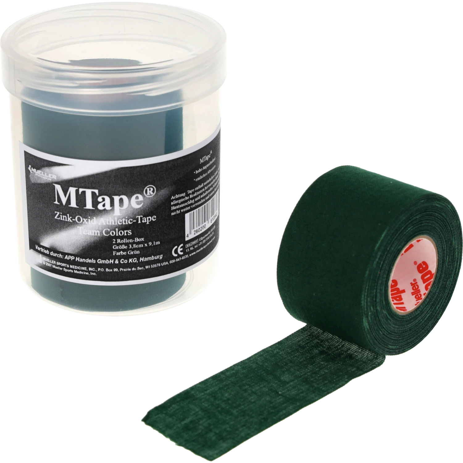 Mueller MTape Physio-Dose Grün Einzelrolle ausgerollt vor Dose