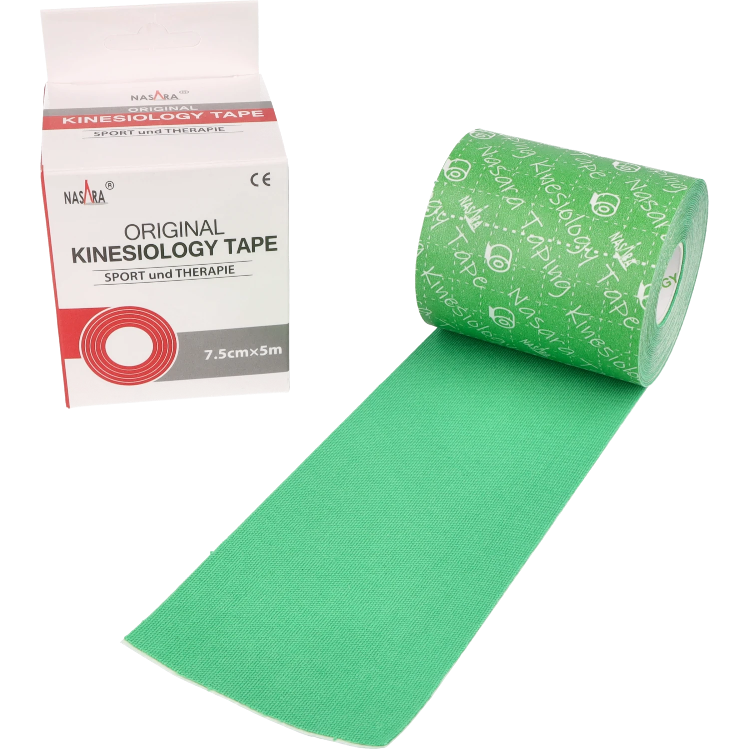 Nasara Kinesiologie Tape 7,5cm Einzelrolle abgewickelt neben Verpackung