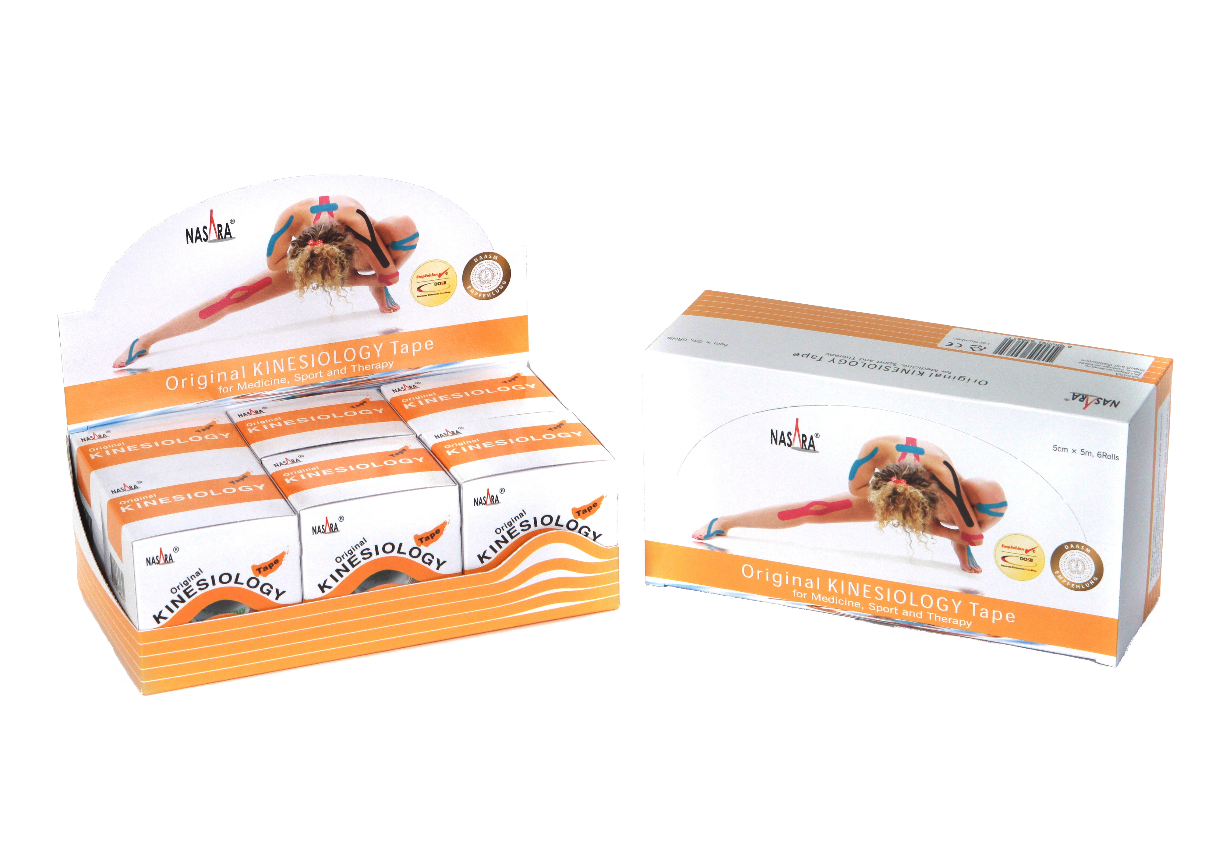 Nasara Kinesiologie Tape 6er Box Beige 2 Displayboxen nebeneinander