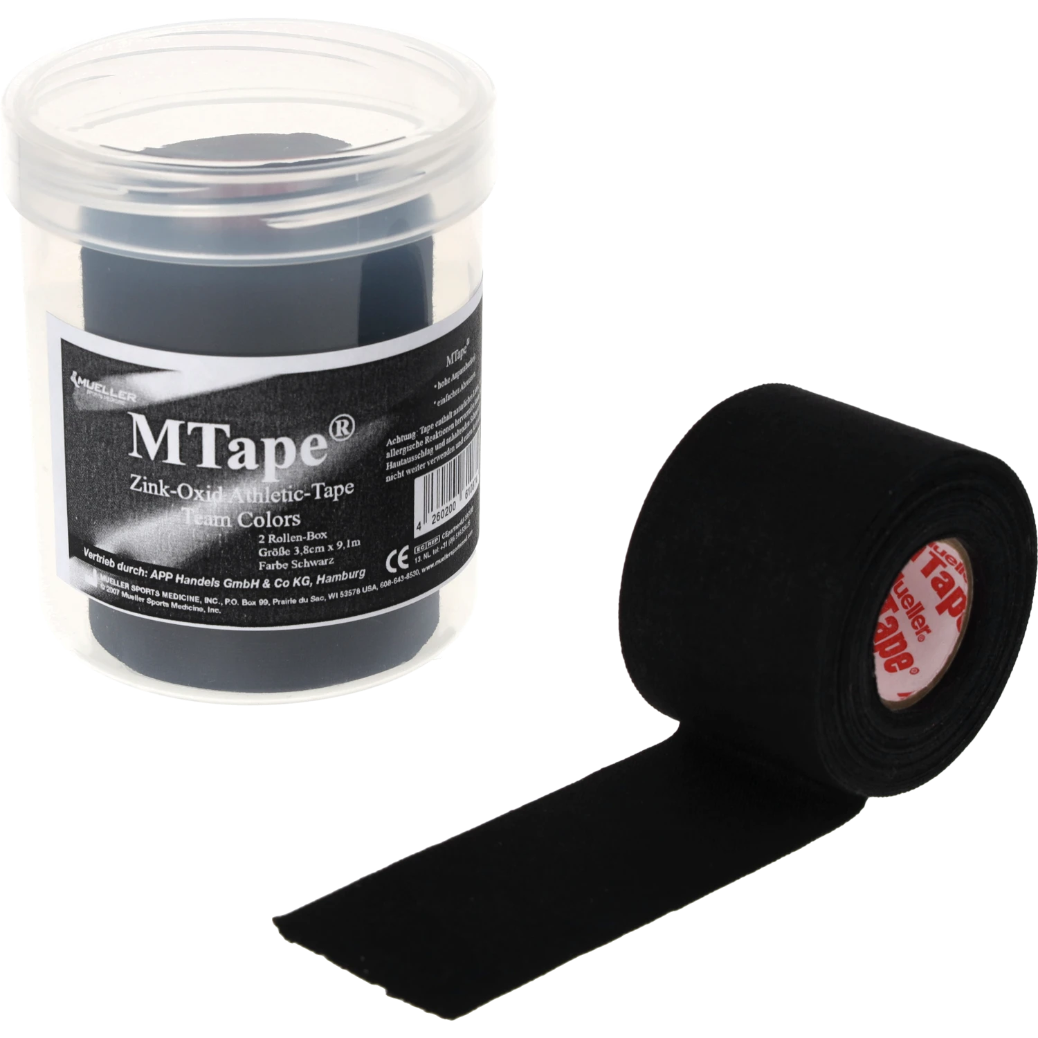 Mueller MTape 2-Rollen-Physio-Dose Schwarz Einzelrolle abgerollt vor Dose