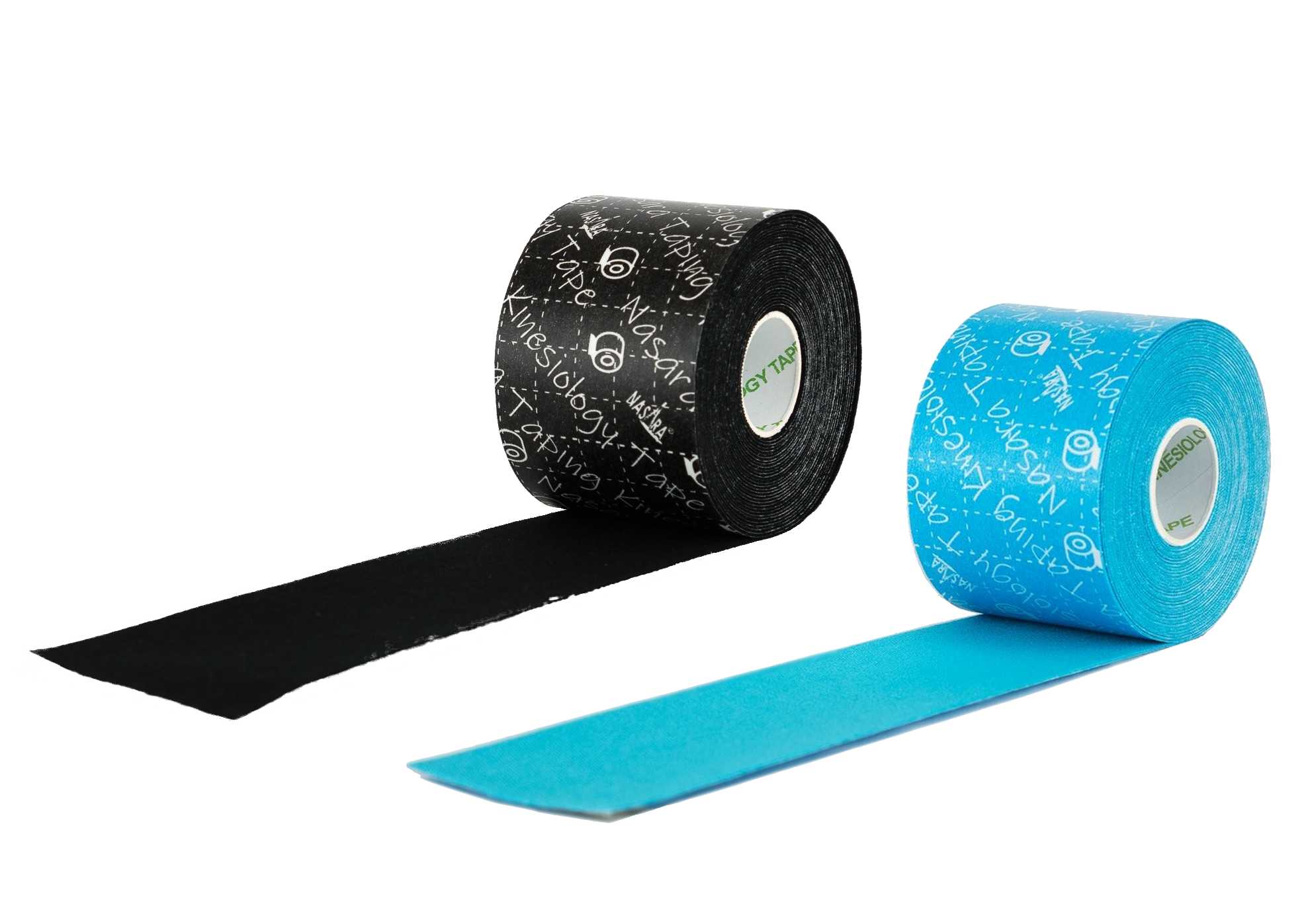 Nasara Kinesiologie Tape 2er-Set Türkis Schwarz aberollt nebeneinander