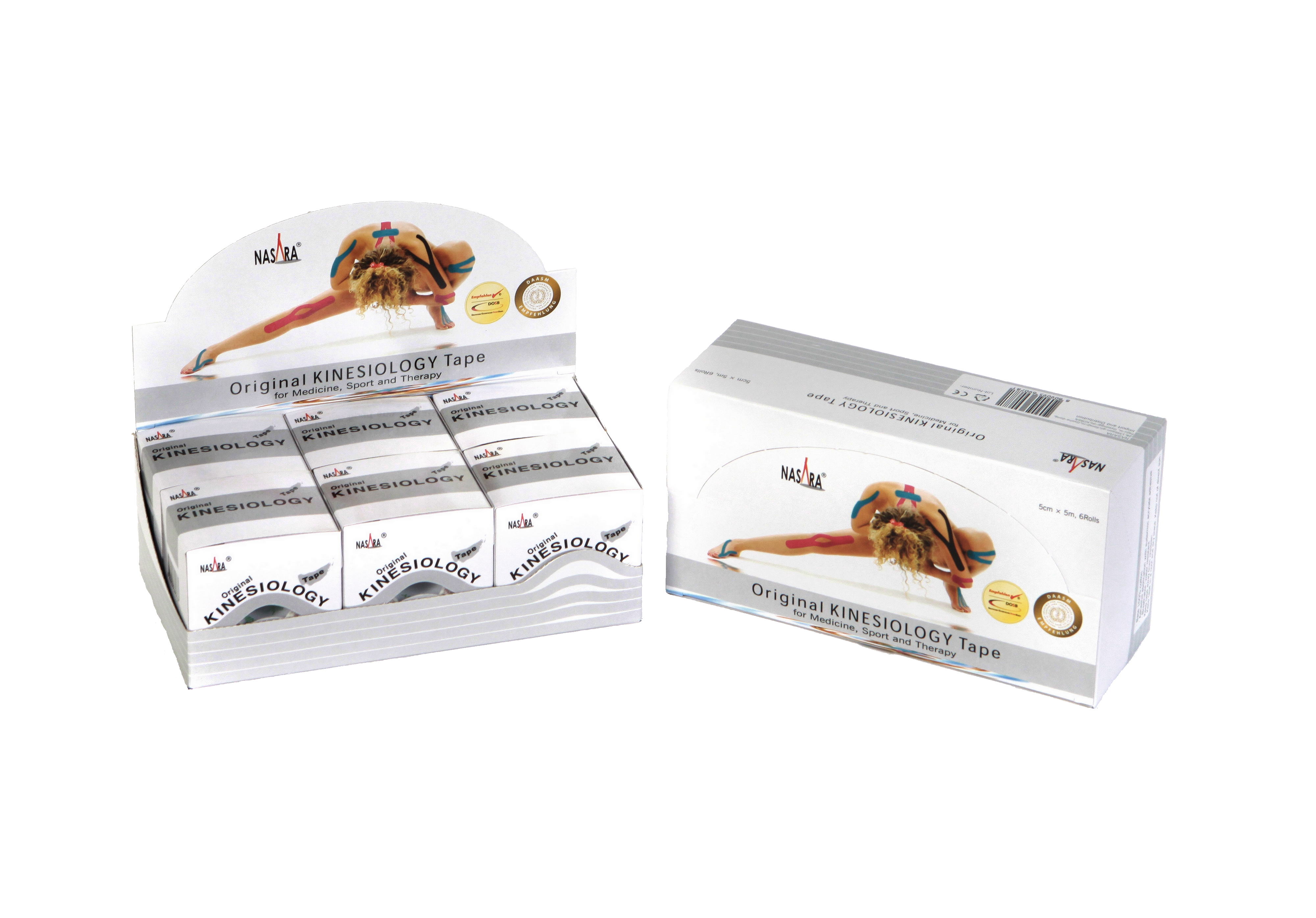 Nasara Kinesiologie Tape 6er Box Weiss 2 Displayboxen nebeneinander