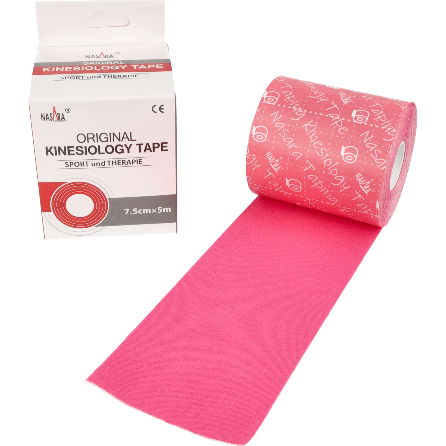 Nasara Kinesiologie Tape 7,5cm Pink ausgerollte Einzelrolle neben Verpackung