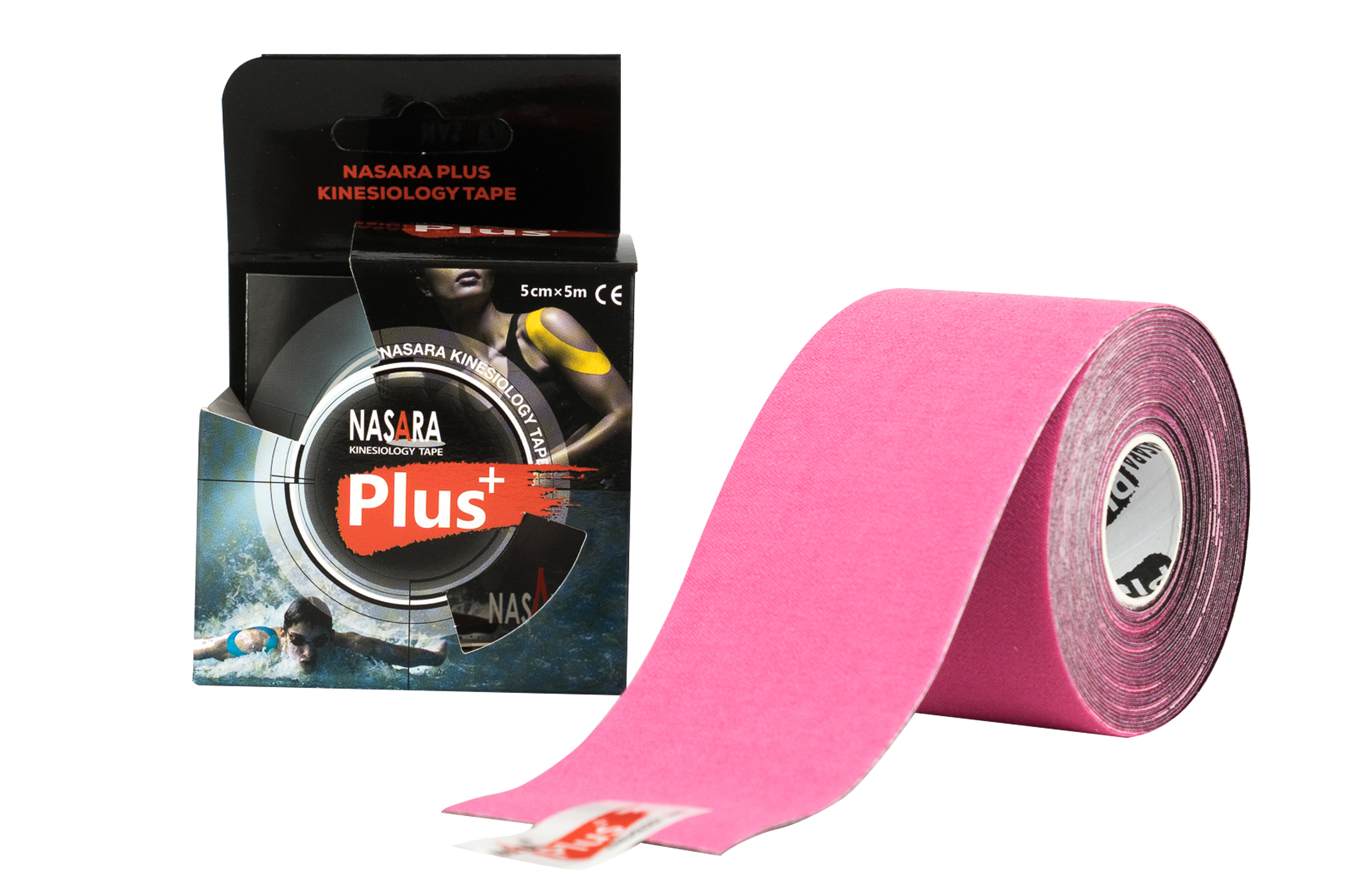 Nasara Kinesiologie Plus Tape Pink Rolle abgewickelt neben Verpackung