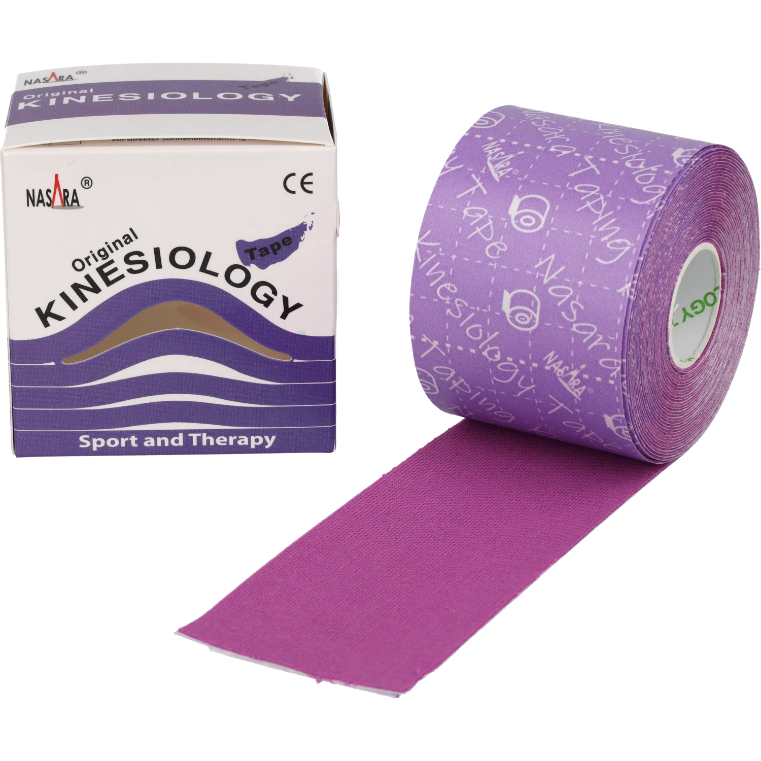 Nasara Kinesiologie Tape 5cm Lila Einzelrolle abgerollt neben Verpackung