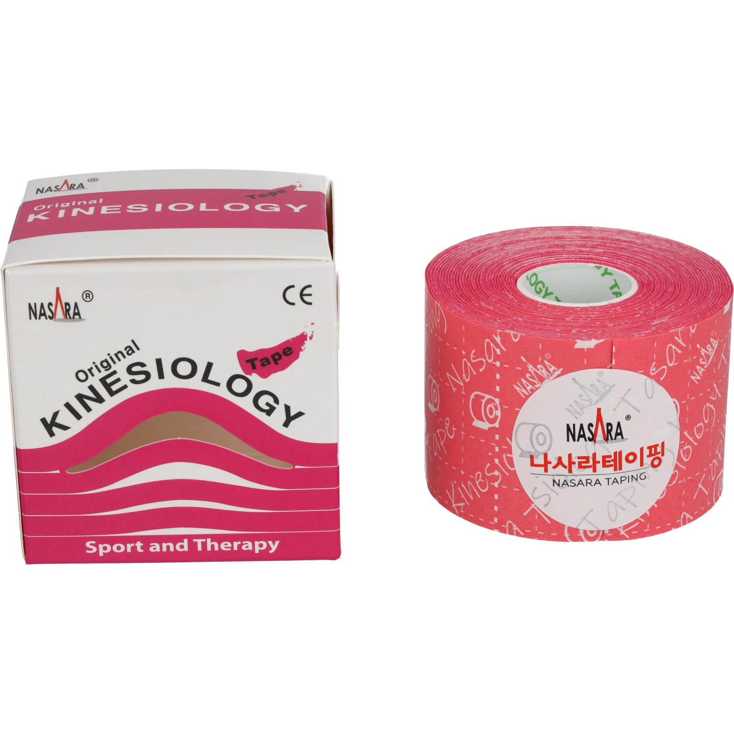 Nasara Kinesiologie Tape 5cm Pink Einzelrolle zusammen neben Verpackung