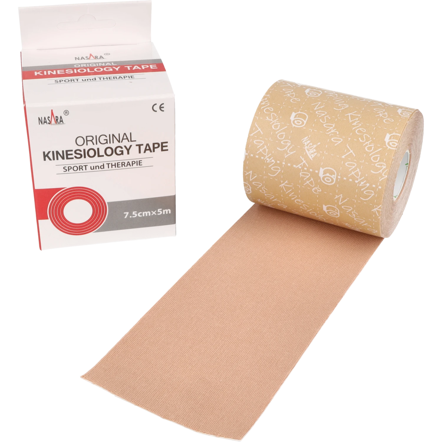 Nasara Kinesiologie Tape 7,5cm Beige Einzelrolle abgerollt neben Verpackung