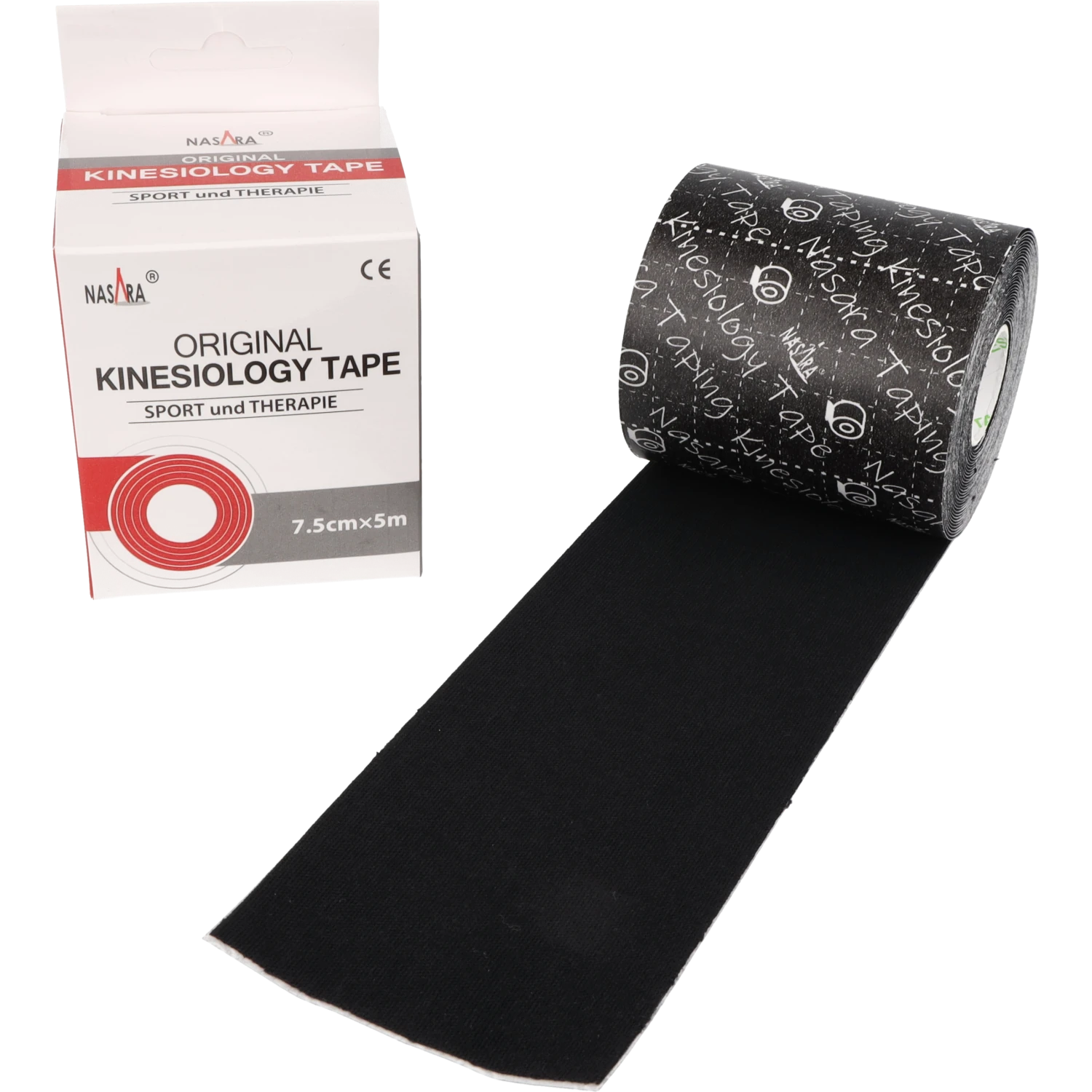 Nasara Kinesiologie Tape 7,5cm Schwarz ausgerollte Rolle neben Verpackung