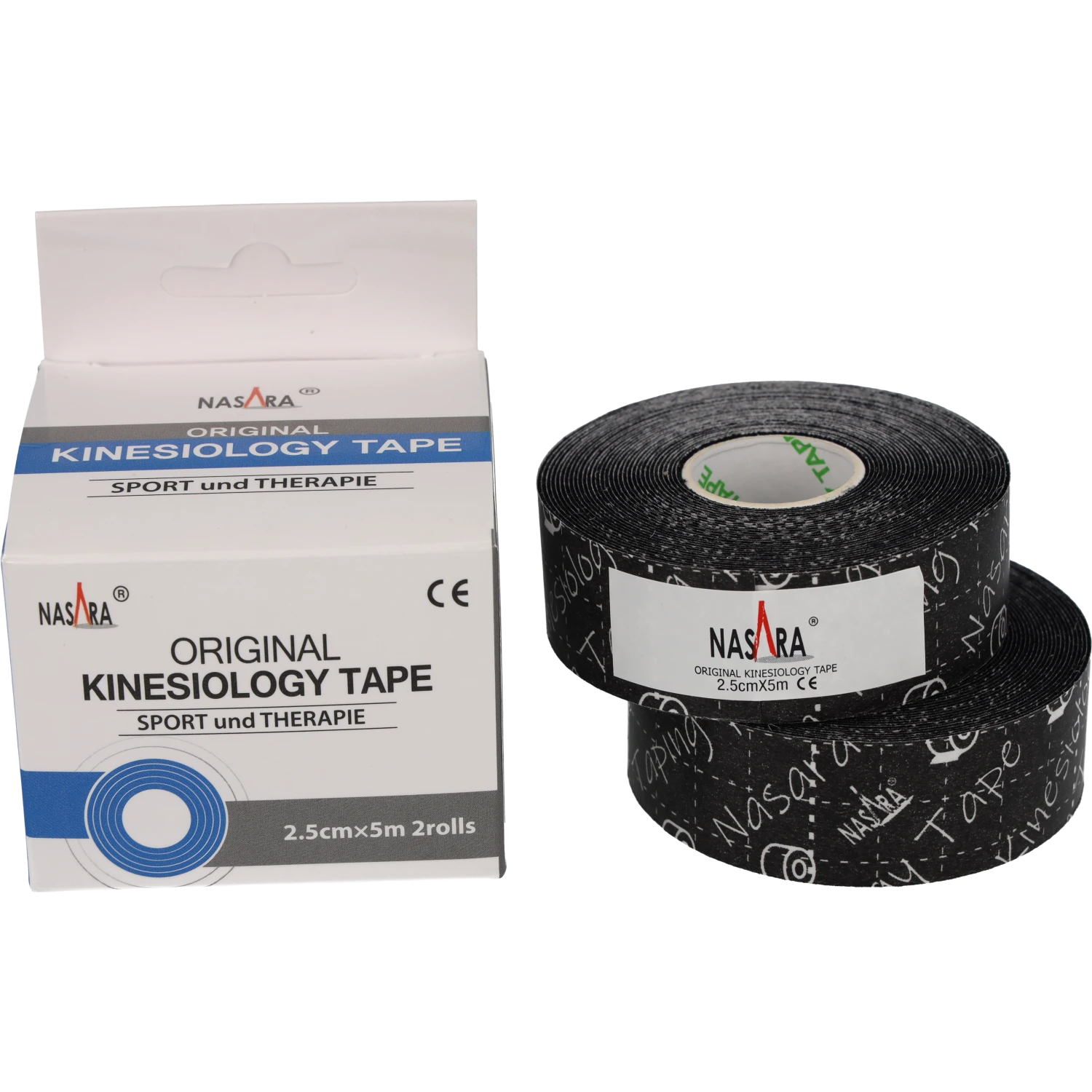 Nasara Kinesiologie Tape 2,5cm Schwarz zwei Einzelrollen aufeinander neben Verpackung