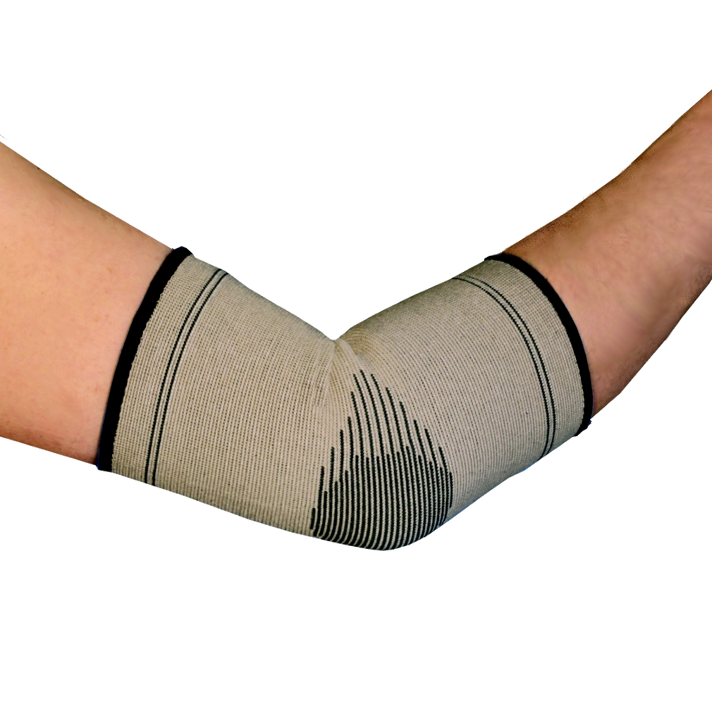 Mikros Bambus Fleece Ellenbogenbandage 805 angezogen am Gelenk