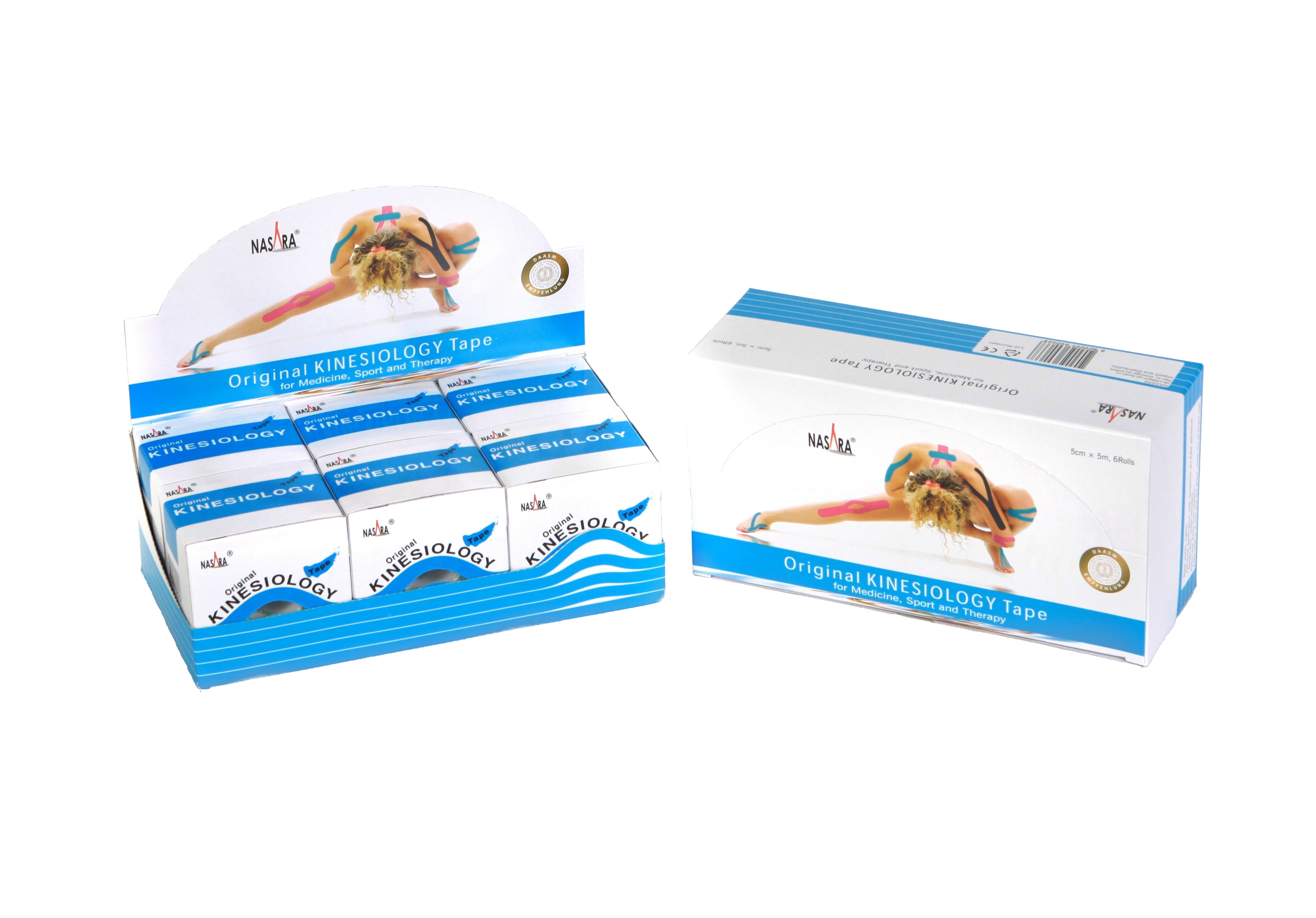 Nasara Kinesiologie Tape 6er Box Türkis 2 Displayboxen nebeneinander