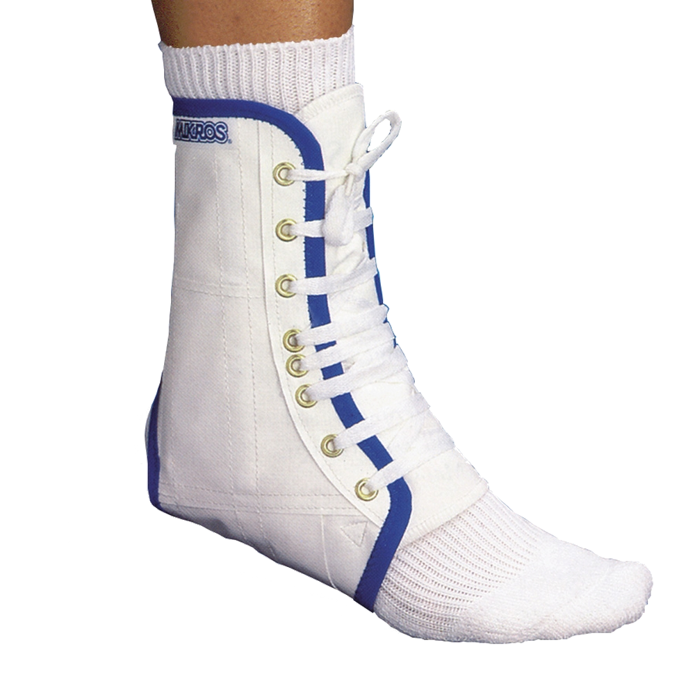Mikros Fussgelenkorthese classic 110 NV angezogen über weißer Socke