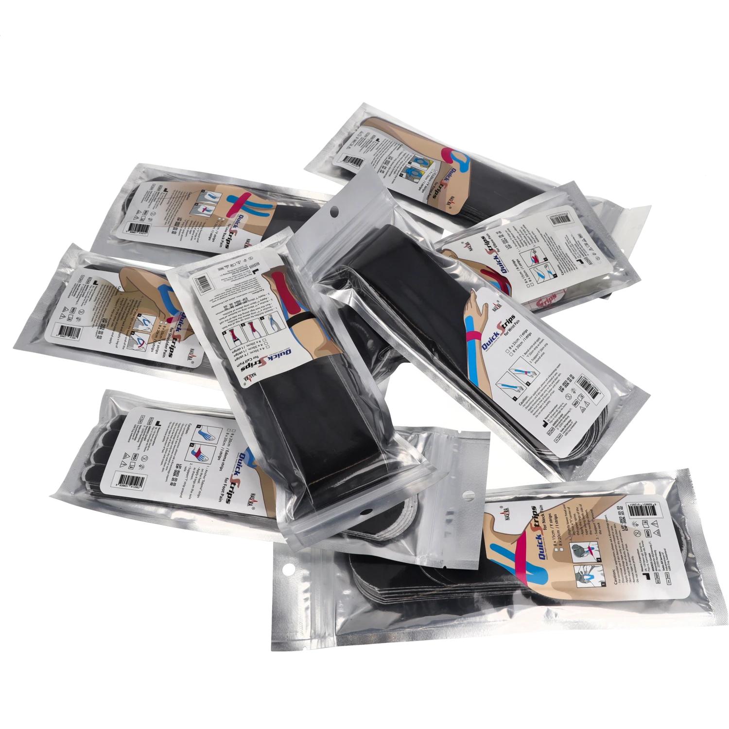Nasara Kinesiologie Tape Pain Pack Schwarz alle Anwendungen Verpackung Gruppenfoto