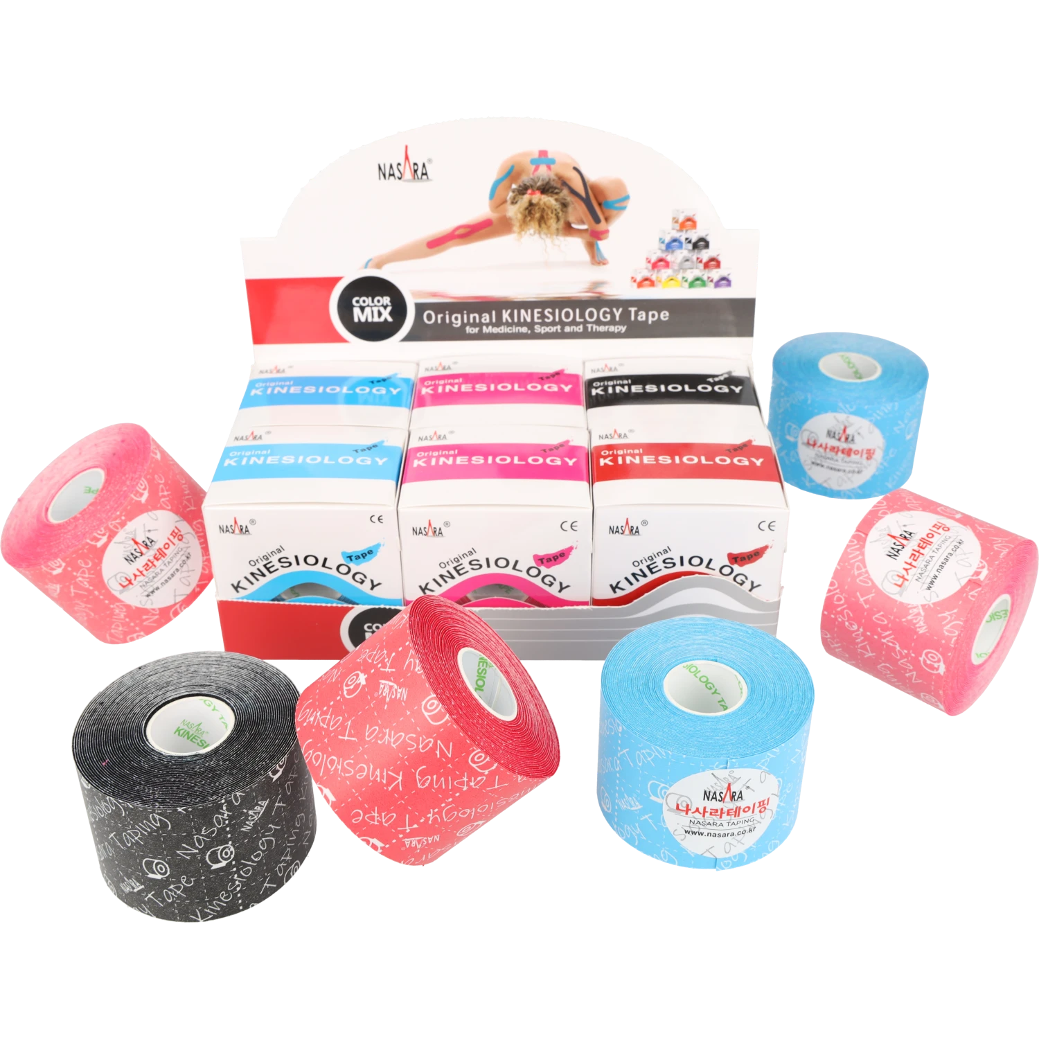 Nasara Kinesiologie Tape 5cm 6er Sparset mit Rot Displaybox mit Einzelrollen darum