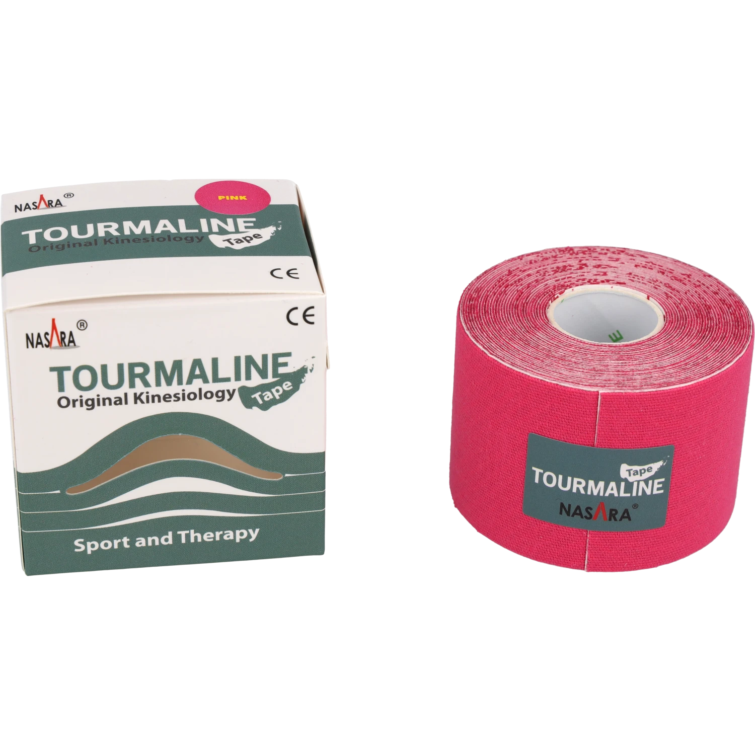 Nasara Torumalin Kinesiologie Tape Pink Rolle zusammen neben Verpackung